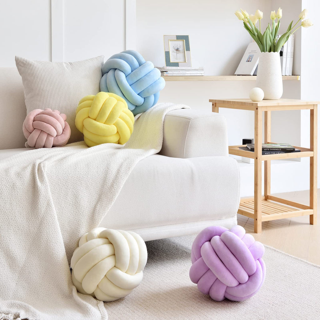 Sioloc Soft Knot Ball Pillows,Round Throw Pillow Cushion Home Decoration Plush Pillow,Throw Knotted Pillow Handmade Round Pillow（7.8inches,Beige）