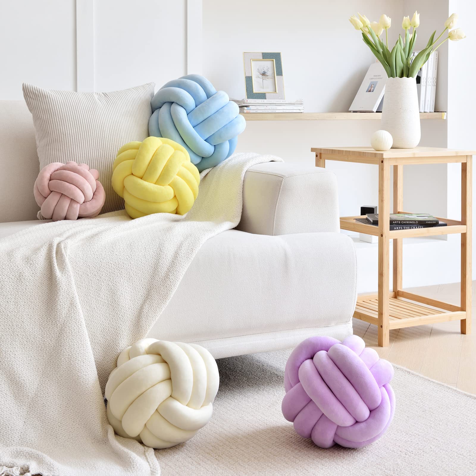 Sioloc Soft Knot Ball Pillows,Round Throw Pillow Cushion Home Decoration Plush Pillow,Throw Knotted Pillow Handmade Round Pillow（7.8inches,Beige）