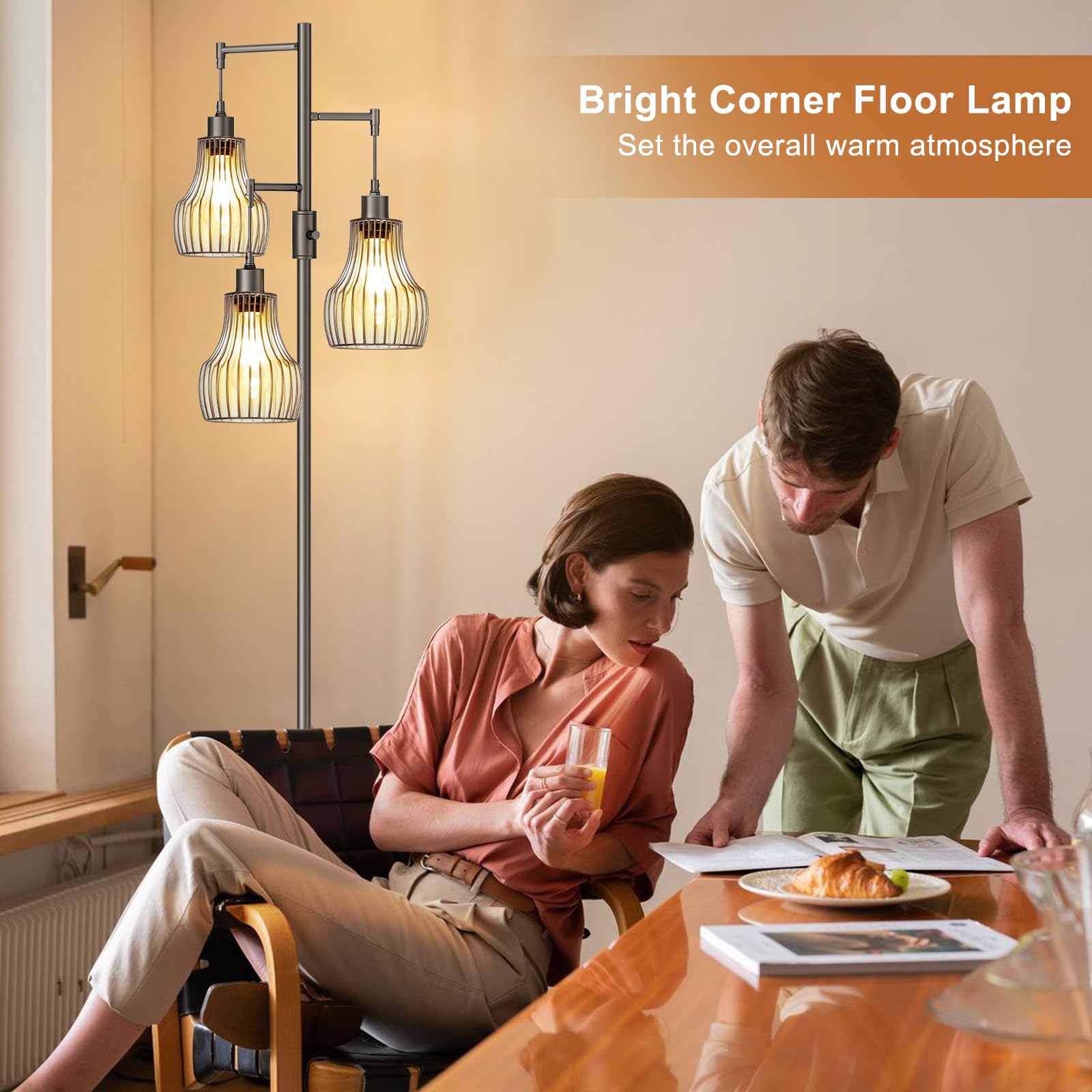 Ziisee Dimmable Floor Lamps for Living Room, Industrial Tree Standing Tall Lamps with 3 Elegant Cage Shade & 800 Lumens LED Bulbs for Bedroom Office - Brown