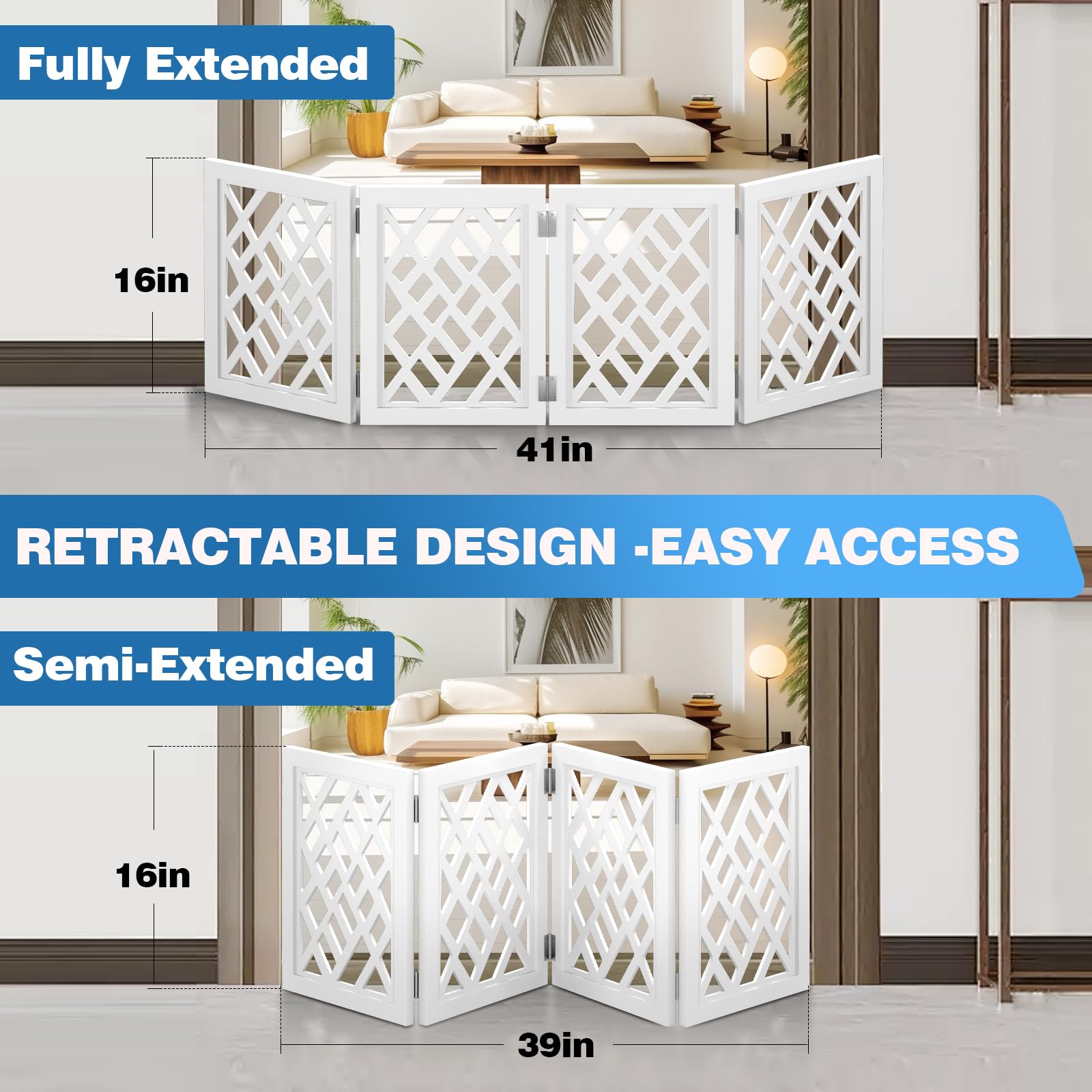 Cut-Out Design 16" Short Dog Gate for Small Dogs, Foldable Retractable Puppy Gate Indoor - Freestanding Lightweight Pet Barrier for Doorways, Stairs, Hallways (Extends to 35", White)