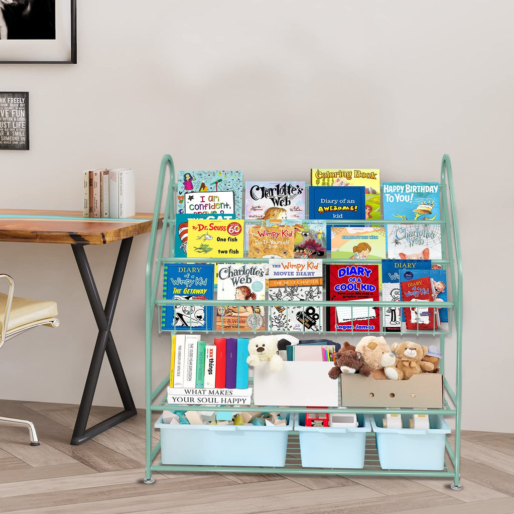aboxoo Metal Kids Bookshelf Black Large Freestanding for Children Room 32 in Toy Organizer Large Stable Bookcase Bookstore Library Book Unit Storage Kids Bed Living Room