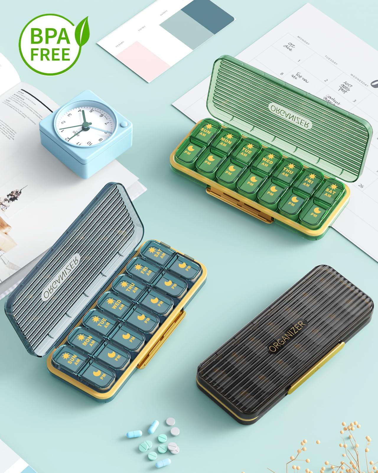 Pill Organizer 2 Times A Day, 7 Day Am Pm Pill Box - Acedada Weekly Pill Organizer Twice A Day, Portable Removable Daily Medicine Container Dispenser Case for Vitamin Fish Oil Supplement, Black Grey