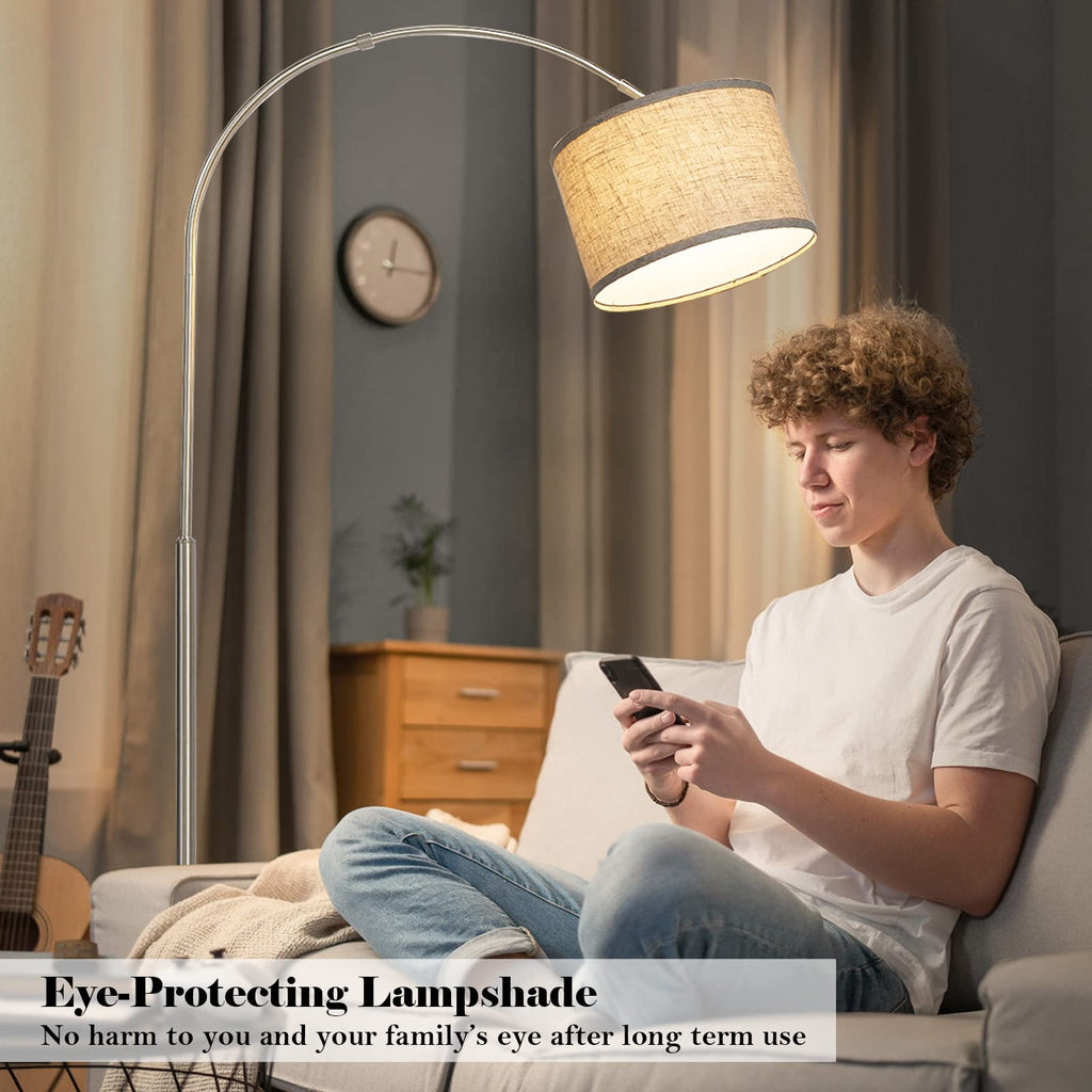 Rattan Floor Lamp, Arc Floor Lamps for Living Room, Farmhouse Standing Lamp with Adjustable Hanging Fabric Shade, Tall Pole Lamp with Foot Switch, Over Couch Arched Reading Light for Bedroom, Office