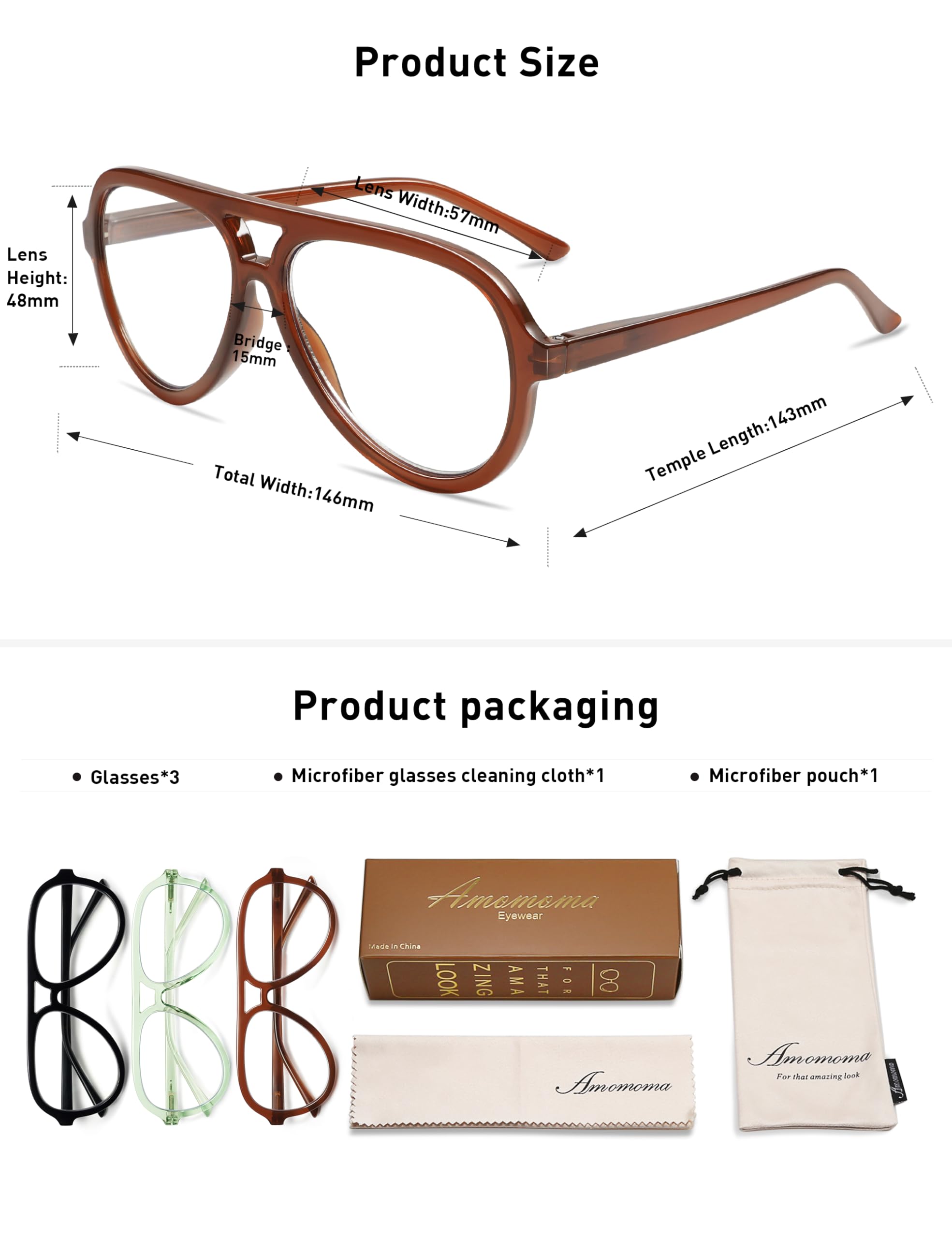 AMOMOMA 3 Pack Retro Oversized Aviator Reading Glasses for Women Men,Classic Large Reader Blue Light Computer Frame AM6111