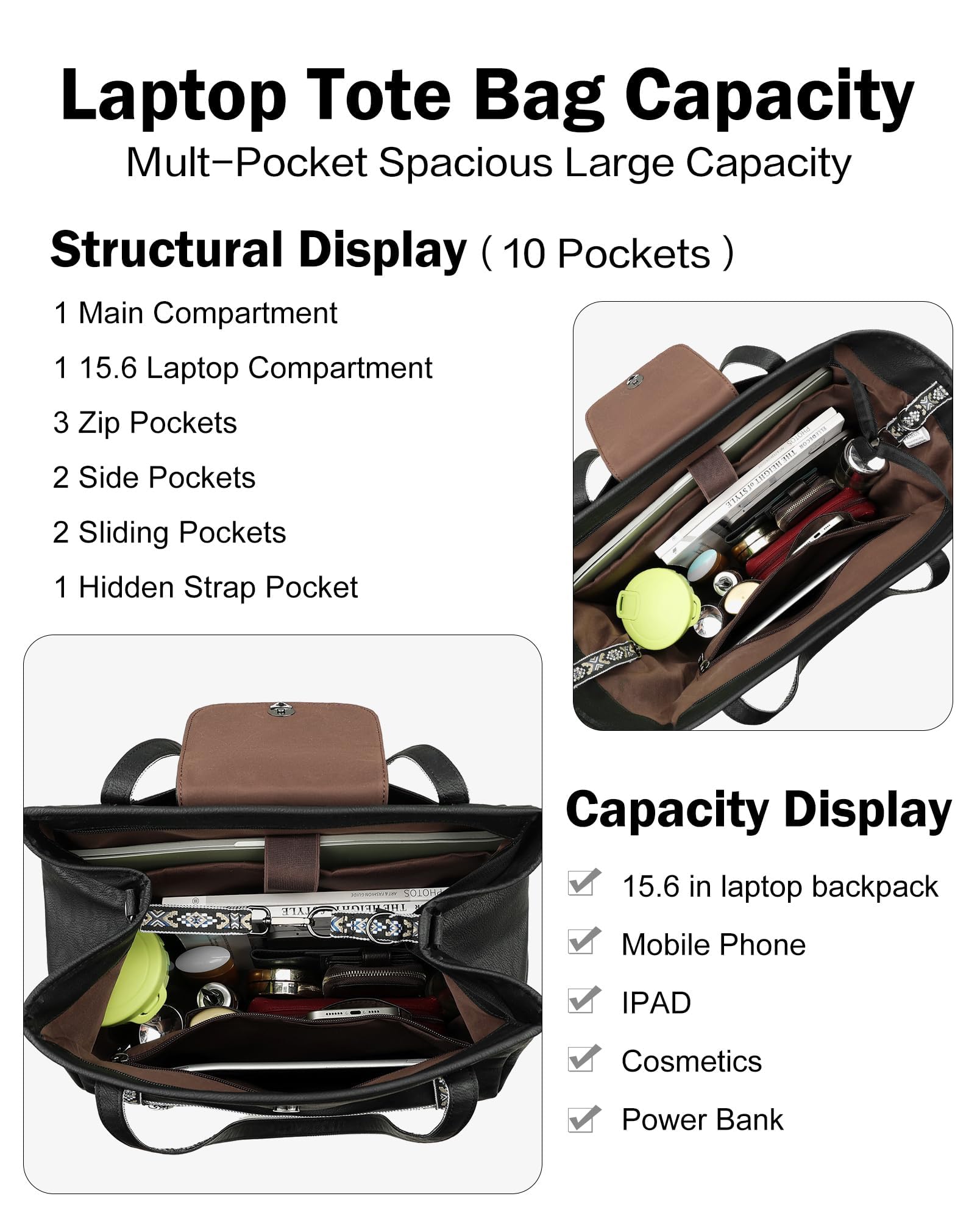 FADEON Large Laptop Tote Bag for Women Designer Leather Laptop Bag Fashion Travel Backpack Purse Shoulder Handbag