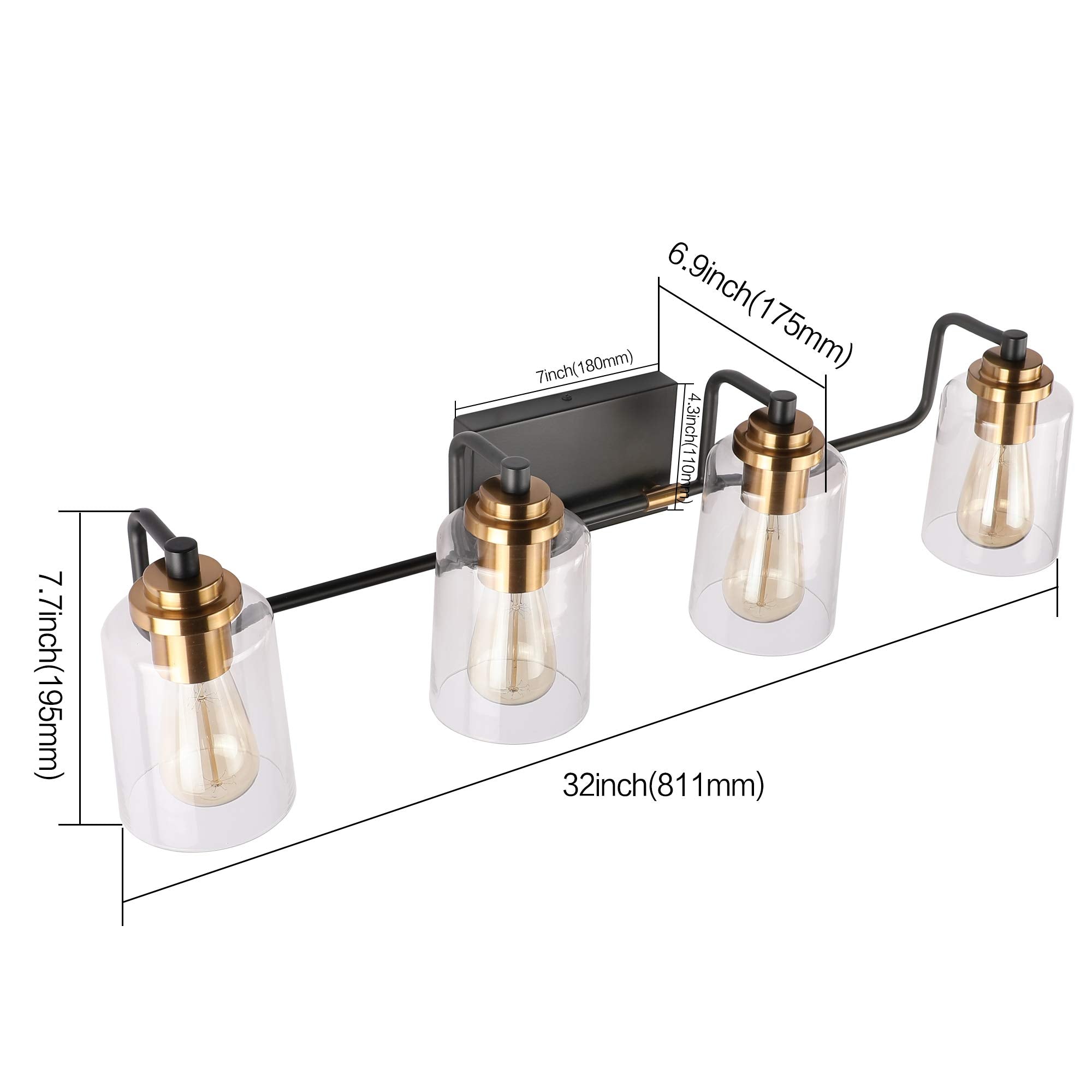 SOLFART 20.1 Inch Black Vintage Bathroom Vanity Light Fixtures Fixtures with Modern Glass Globe Shade Metal Brass Wall Lamp 2 Lights