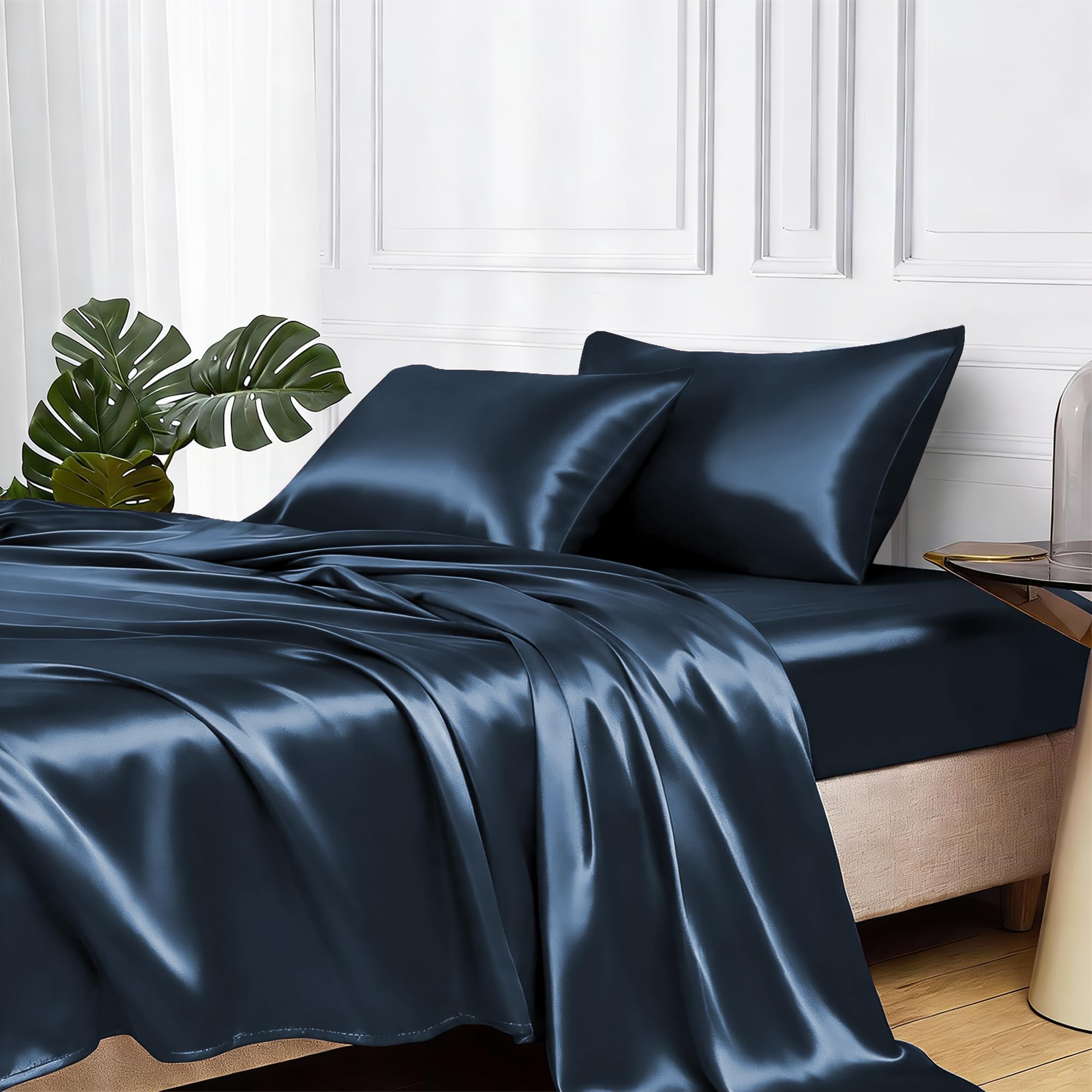 MR&HM Satin Sheets with Elastic Corner Straps, Twin Size 3-Piece Silky Bedding Set, Deep Pocket 15 Inches, Good for Hair & Skin (Twin, Black)