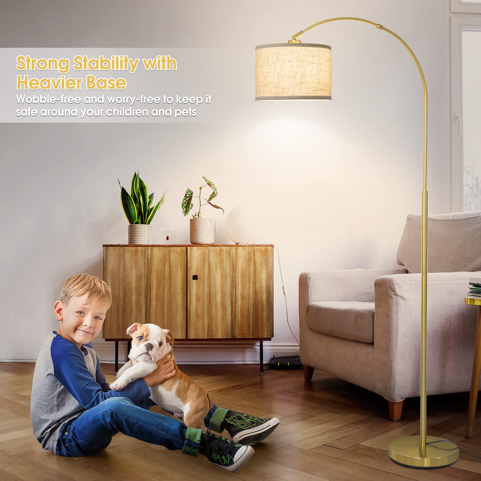 Rattan Floor Lamp, Arc Floor Lamps for Living Room, Farmhouse Standing Lamp with Adjustable Hanging Fabric Shade, Tall Pole Lamp with Foot Switch, Over Couch Arched Reading Light for Bedroom, Office