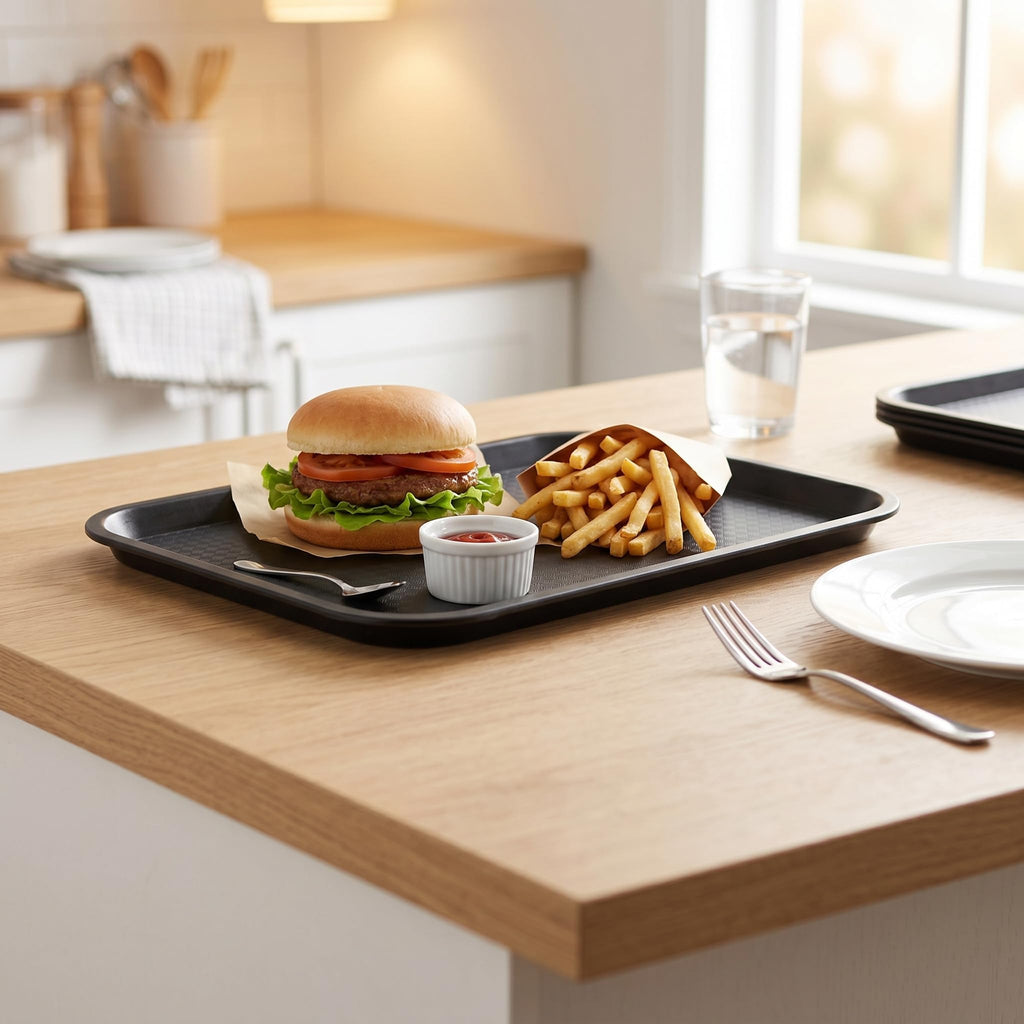ZOENHOU 6 Pack 14 x 10 Inch Fast Food Tray, Rectangular Cafeteria Serving Trays, Plastic Trays for Food, Black