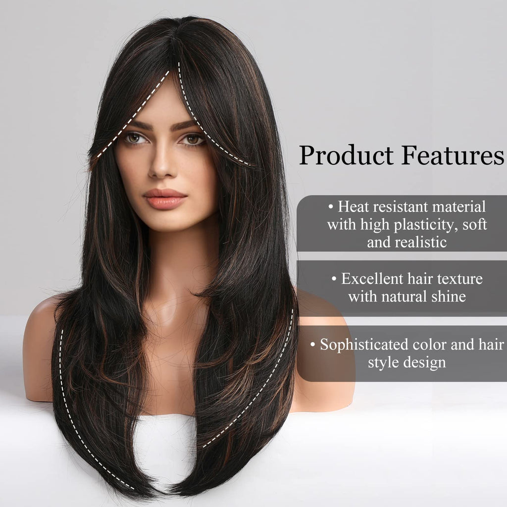 HAIRCUBE Auburn Wigs for Women,Long Layered Orange Wigs with Bangs Heat Resistant Synthetic Fibre Wigs(pelucas de cabello natural)