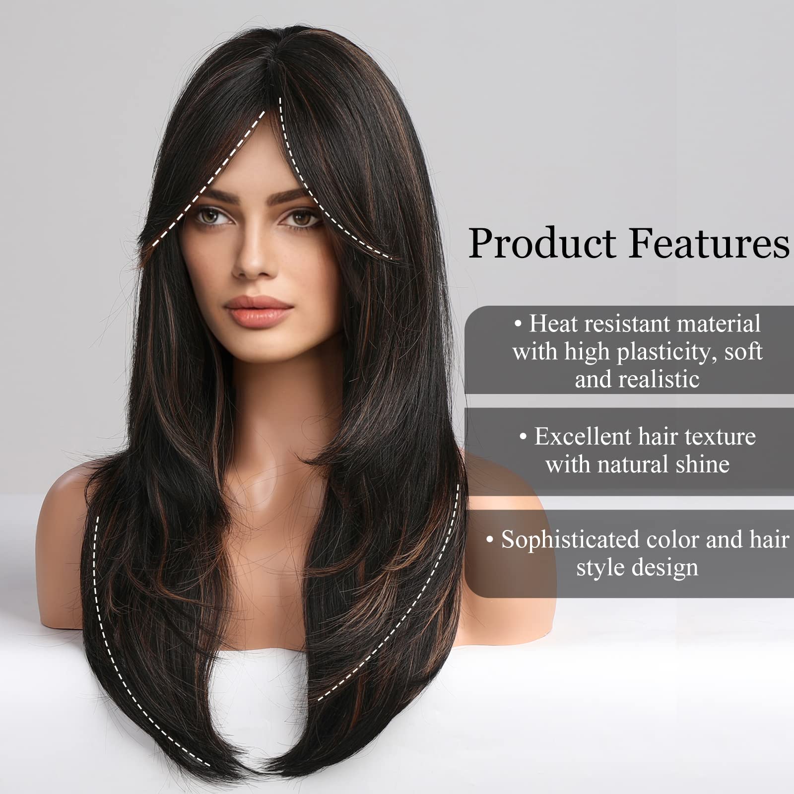 HAIRCUBE Auburn Wigs for Women,Long Layered Orange Wigs with Bangs Heat Resistant Synthetic Fibre Wigs(pelucas de cabello natural)