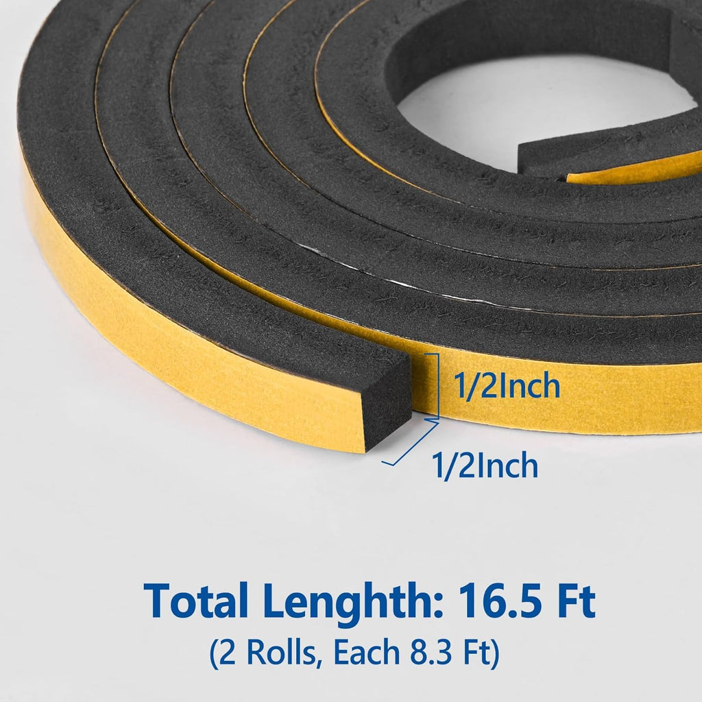 Kikerike Self Adhesive Foam Tape Weatherstrip 1In x 1/2In x 20Ft High Density Foam Insulation Strips Seal Weather Stripping with Strong Adhesive for Door and Window Sound Isolation Soundproofing