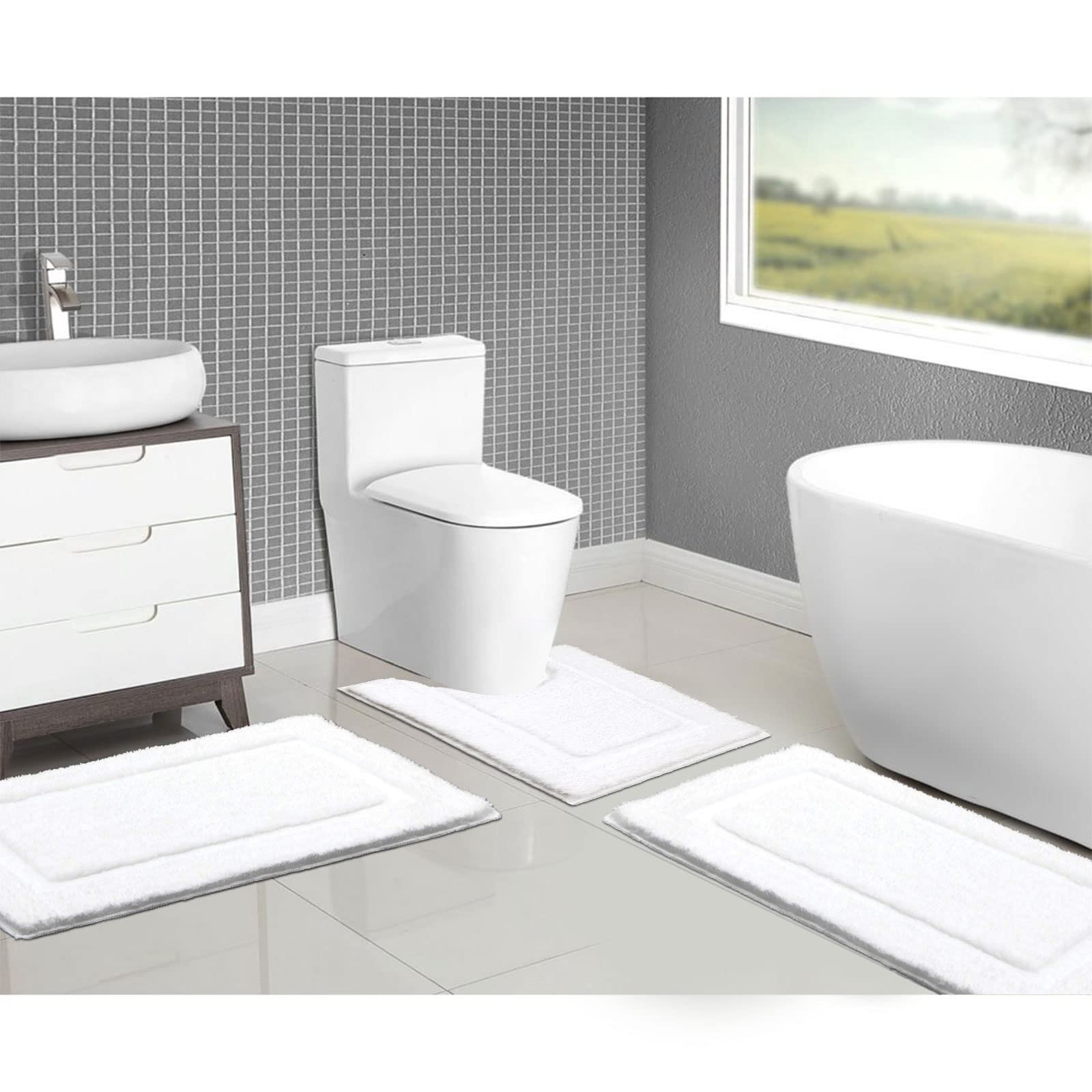 SHACOS Black Bathroom Rugs Sets 3 Piece, 16"x24" + 20"x32" Non Slip Bath Mat and 20"x24" Toilet Rugs U Shaped Washable, Soft Fluffy Water Absorbent Bath Rugs for Bathroom