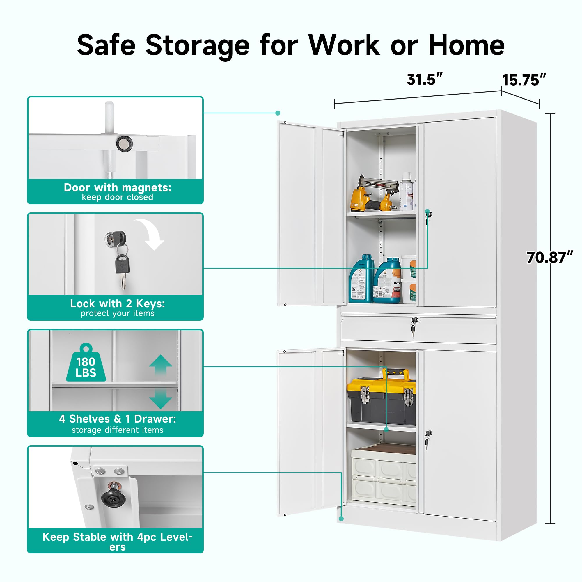 SISESOL Wide & Deep Metal Storage Cabinet with Wheels,Tall Rolling Garage Storage Cabinet with Lock,Black Metal Cabinets with Pegboards and Shelves,Tool Locker for Garage,Home,Office,43''Wx 20''Dx71"H