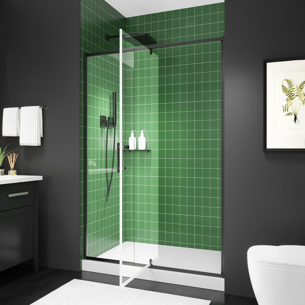 38–42 Inch W x 71 Inch H Semi-Frameless Pivot Shower Door, Swing Glass Shower Door with 1/4" (6mm) Clear SGCC Tempered Glass, Matte Black Finish, Reversible Installation for Bathroom