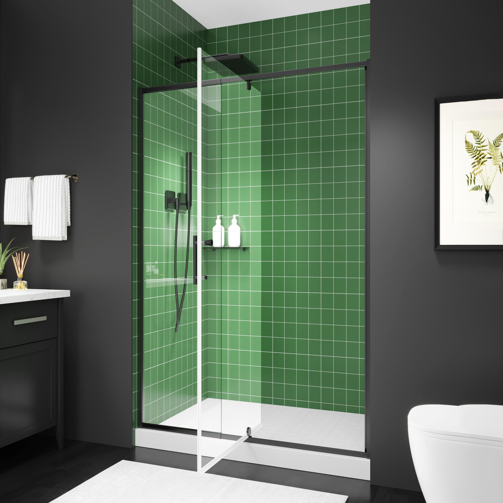 38–42 Inch W x 71 Inch H Semi-Frameless Pivot Shower Door, Swing Glass Shower Door with 1/4" (6mm) Clear SGCC Tempered Glass, Matte Black Finish, Reversible Installation for Bathroom