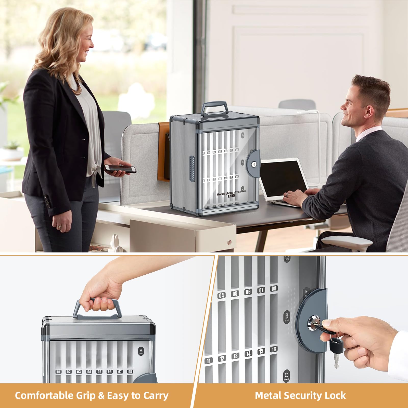 Glosen Cell Phone Locker 24 Slots, Portable Phone Storage Cabinet [Wall Mounted] [Silver 24 Slots-Universal Key ] Aluminum Alloy Cellphone Lock Box with Key & Handle for School Classroom Office Exam