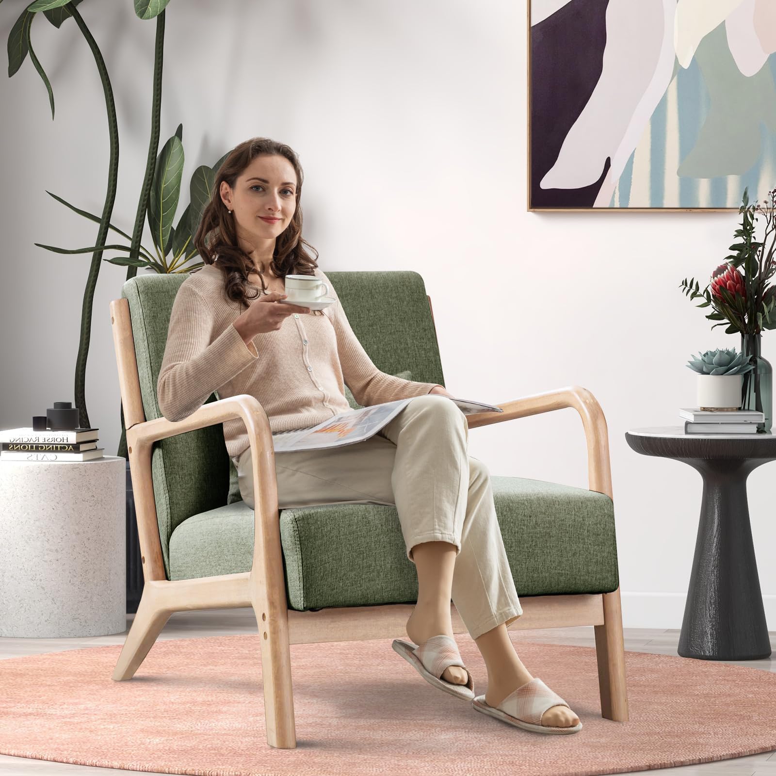 ANJ Mid Century Modern Accent Chair, Comfy Fabric Living Room Chairs with Solid Wood Frame, Lounge Reading Armchair, Easy Assembly, Beige