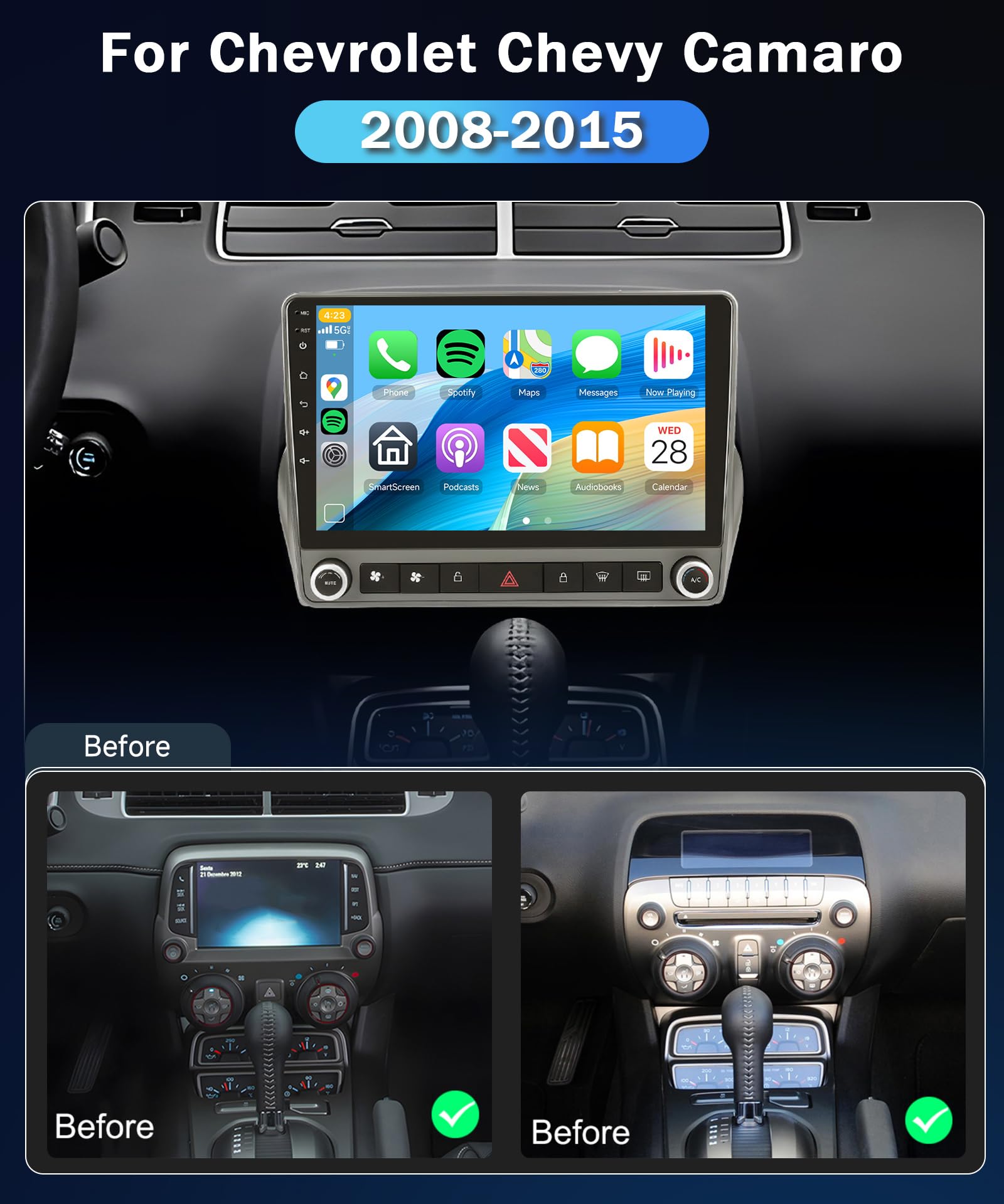 5G WiFi Android 15 Car Stereo for Chevrolet Chevy Camaro 2008–2015 Wireless Carplay Android Auto,9" HD IPS Touchscreen Car Radio Support GPS/10band DSP Audio/Bluetooth/FM/SWC/Backup Camera