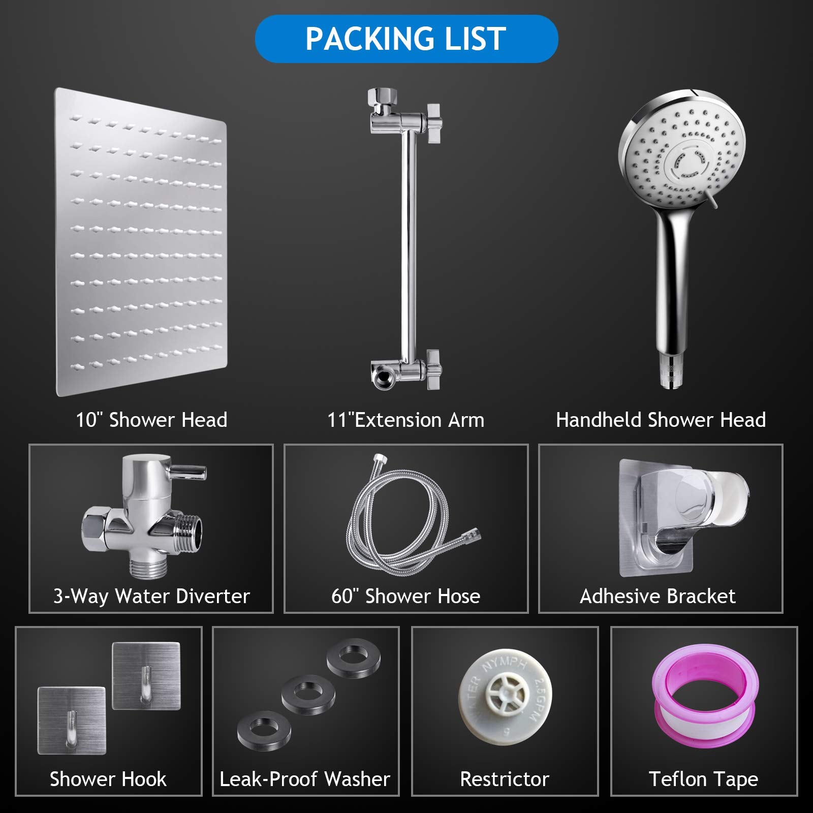 Shower Head Combo(Brushed Nickel),8 Inch High Pressure Rain Shower Head with 11 Inch Adjustable Extension Arm and 5 Settings Handheld Shower Head Combo,Powerful Shower Spray Against Low Pressure Water
