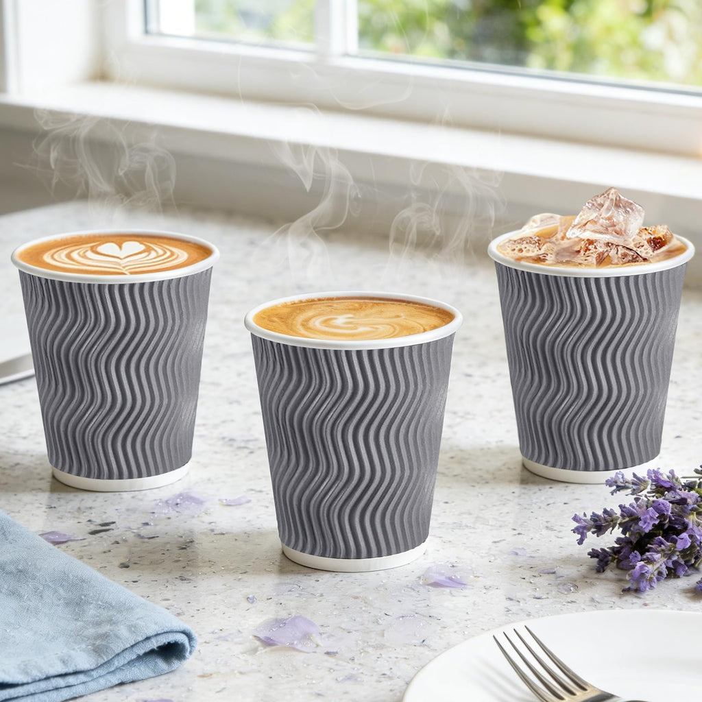 BYSNOW 100 Pack 10 oz Coffee Cups with Lids, Disposable Insulated Hot Cups To Go Paper Coffee Cups, Corrugated Ripple Wall Cup for Hot Drink, Office, Coffee Bar (Grey 10 oz)
