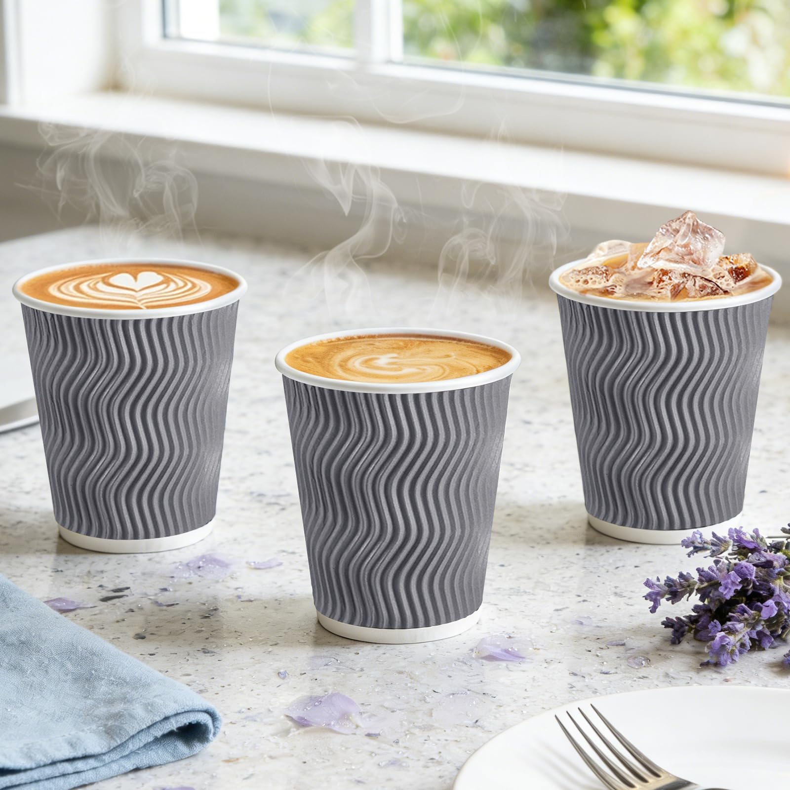 BYSNOW 100 Pack 10 oz Coffee Cups with Lids, Disposable Insulated Hot Cups To Go Paper Coffee Cups, Corrugated Ripple Wall Cup for Hot Drink, Office, Coffee Bar (Grey 10 oz)