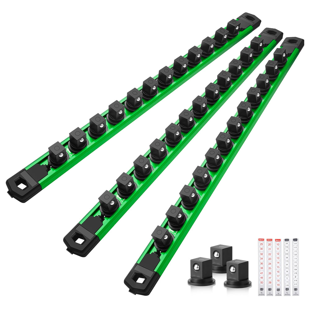 Reniteco Magnetic Socket Organizer Set, 3-Piece 1/2" 3/8" 1/4" Drive Aluminum Alloy Socket Holder with 40PC 360° Swivel Removable Clips, Magnetic Socket Rail for Tool Box Drawer, Black