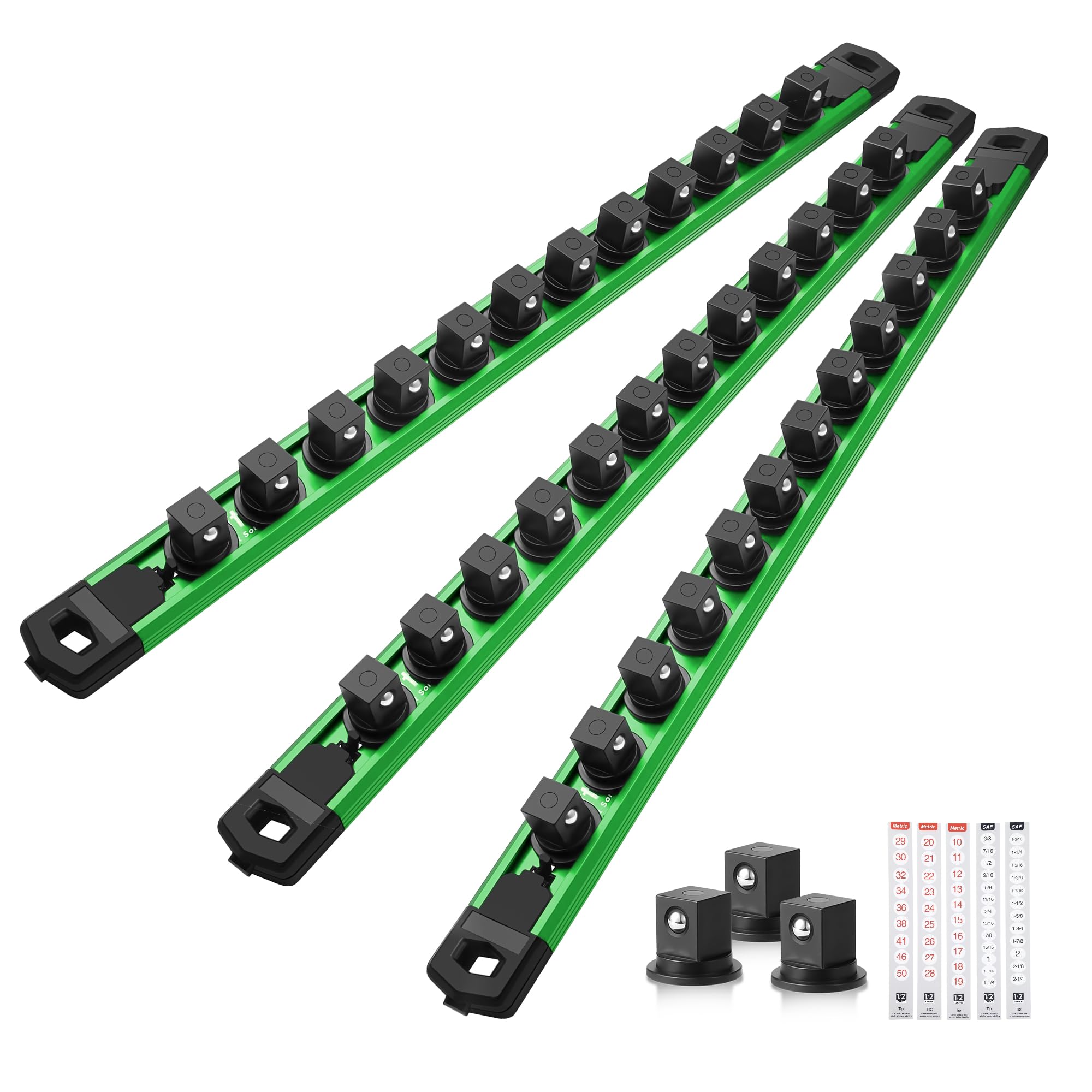 Reniteco Magnetic Socket Organizer Set, 3-Piece 1/2" 3/8" 1/4" Drive Aluminum Alloy Socket Holder with 40PC 360° Swivel Removable Clips, Magnetic Socket Rail for Tool Box Drawer, Black