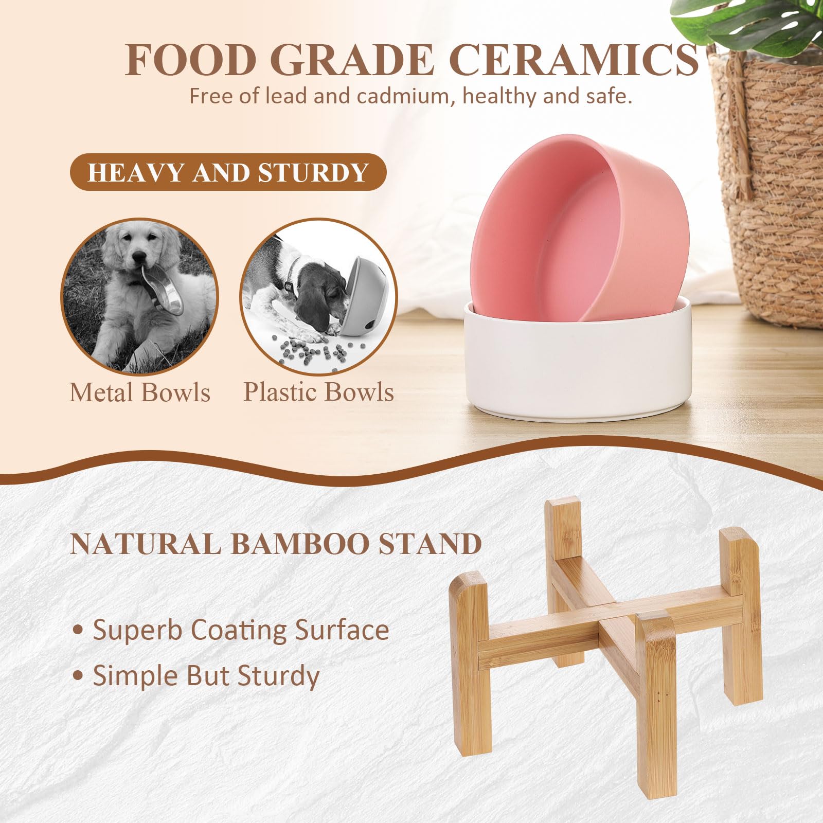 Raised Ceramic Cat Bowl - Cat Food Bowl with Bamboo Stand - Elevated Dog Food Dish for Puppies - Comfort Eating - 13.5 oz - 400 ml - Green