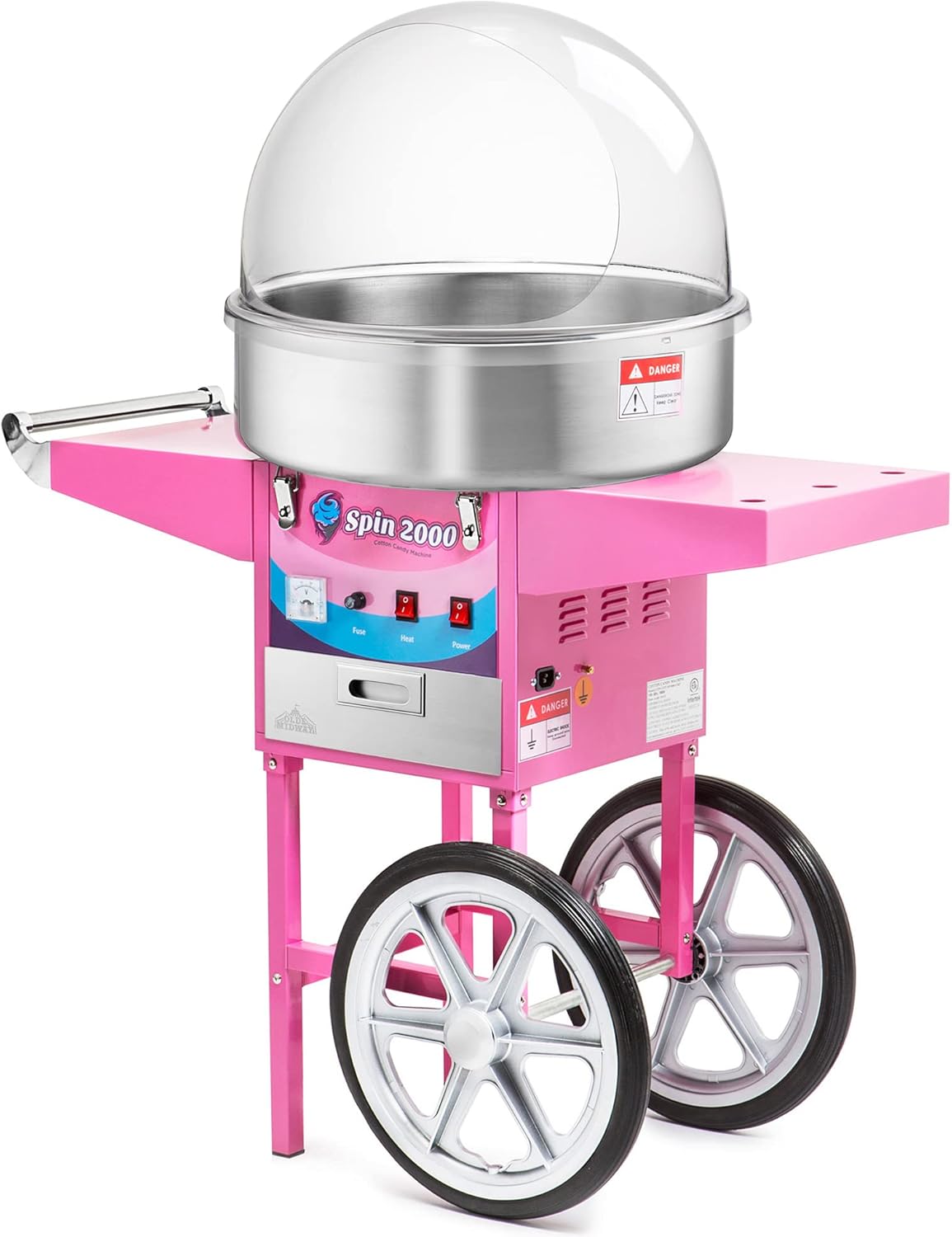 Olde Midway Cotton Candy Machine Cart with Bubble Shield, SPIN-2000 Electric Candy Floss Maker, Commercial-Grade