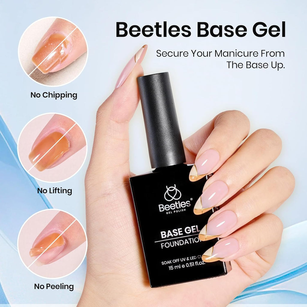 Beetles 2Pcs 15ml Gel Base and Top Coat Set - Upgrade No Wipe Extra Glossy Top Coat Finish for Gel Nail Polish, Soak Off UV/LED Lamp Needed, Essentials for Long-Lasting Manicure Kit