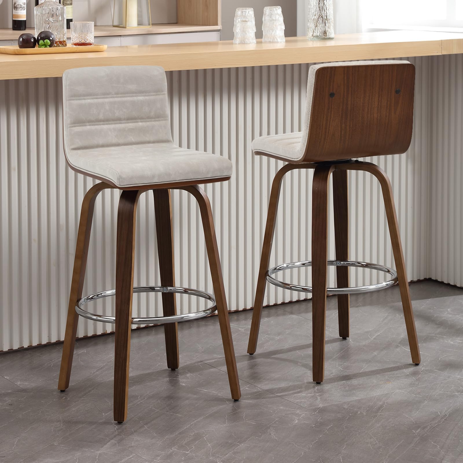 Bar Stools 29 Inch Bar Height, Swivel Bar Stools with Backs Upholstered PU Leather Barstool, L Shape Back and Padded Seat, Mid-Century Modern Bar Stool Pub Chairs for Kitchen Counter Island, Black