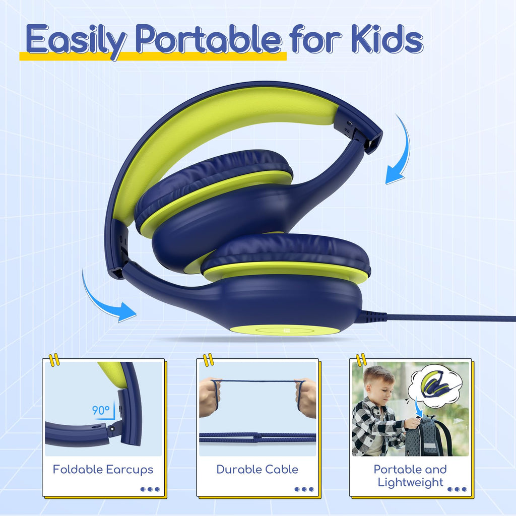 EarFun K1 Kids Headphones Wired with Microphone, 85/94dB Volume Limit Headphones for Kids, Portable Wired Headphone with Shareport, Stereo Sound Foldable Headset for School/Tablet/iPad, Black Red