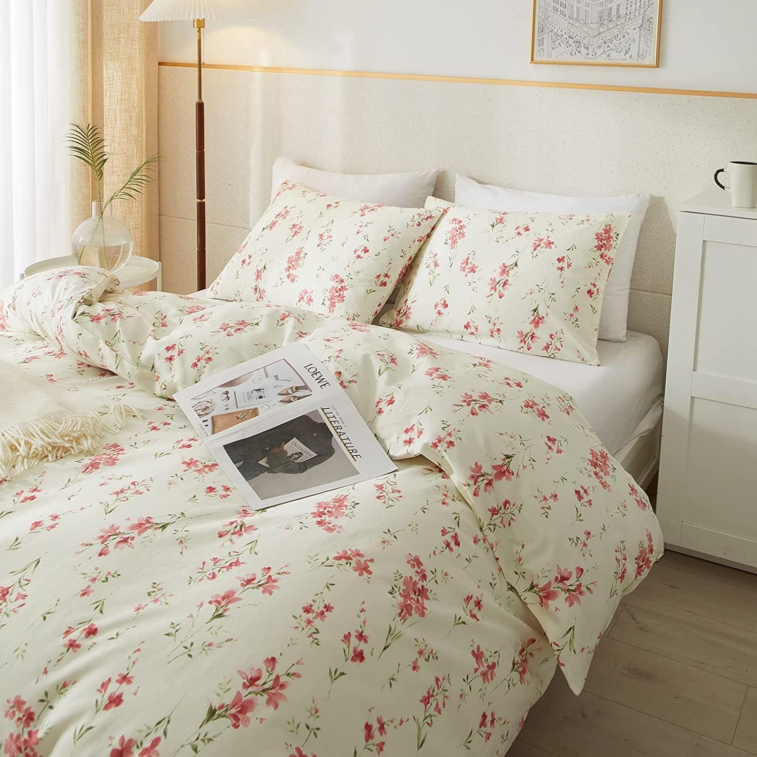 Pink Flower Duvet Cover Twin Chic Floral Print Ruffle Duvet Cover Cotton Lace Comforter Cover Country Style Floral Bedding Set Romantic Ruffle Comforter Cover Flower Bedding Cover with 2 Pillowcases