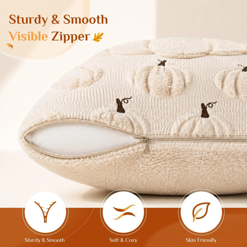 Fall Beige Pillow Covers 18x18 Set of 2 Double-Sided Pumpkin Plush | Boho farmhouse comfort with raised Autumn pumpkin embroidery, designed for living rooms, sofas, and cozy fall home decor.