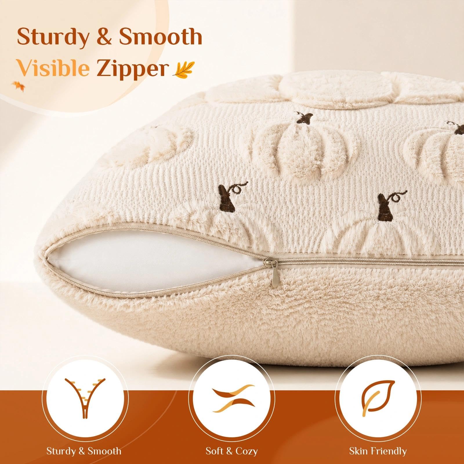 Fall Beige Pillow Covers 18x18 Set of 2 Double-Sided Pumpkin Plush | Boho farmhouse comfort with raised Autumn pumpkin embroidery, designed for living rooms, sofas, and cozy fall home decor.