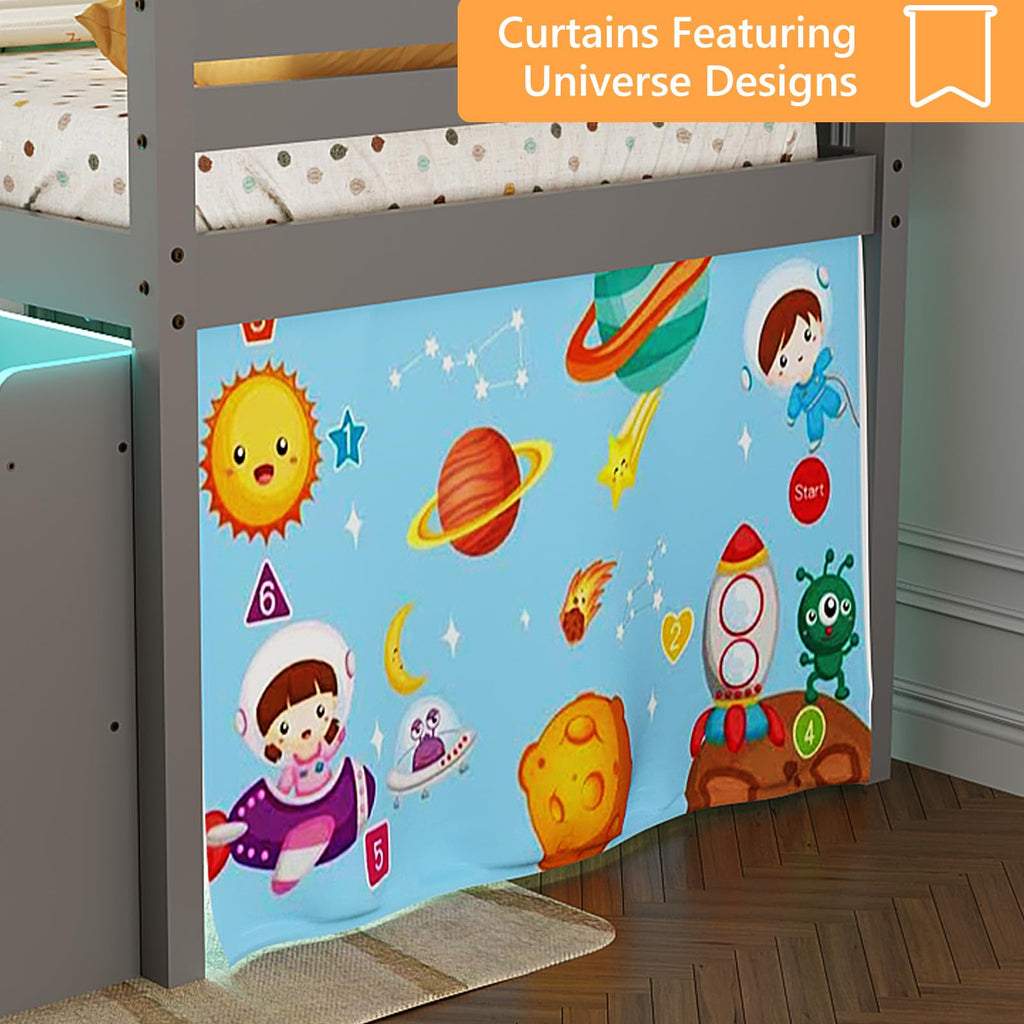 JOYMOR Low Loft Bed Twin Size with LED Lights, 4 Storage Shelves, Removable Curtain, Kids Wood Loft Bed with 15" H Safety Guardrail, Spave Saving, Mattress Not Included (Gray)