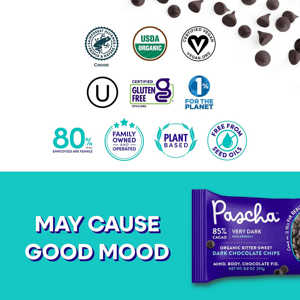 Pascha Organic 70% Cacao Baking Chips - Bittersweet Dark Chocolate with Coconut Sugar - Vegan, Non-GMO, Rainforest Alliance Certified - Allergen-Free (Pack of 8)