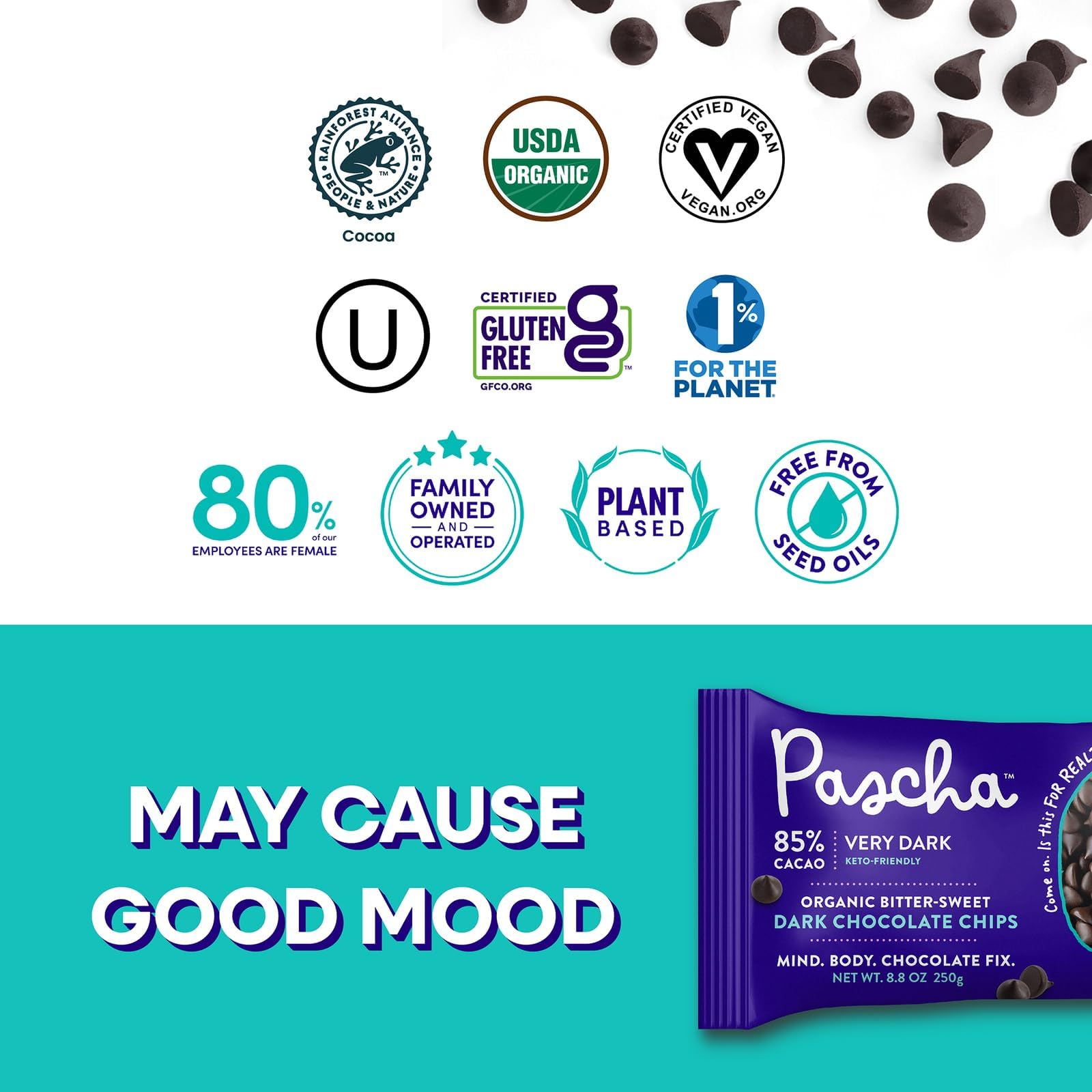 Pascha Organic 70% Cacao Baking Chips - Bittersweet Dark Chocolate with Coconut Sugar - Vegan, Non-GMO, Rainforest Alliance Certified - Allergen-Free (Pack of 8)