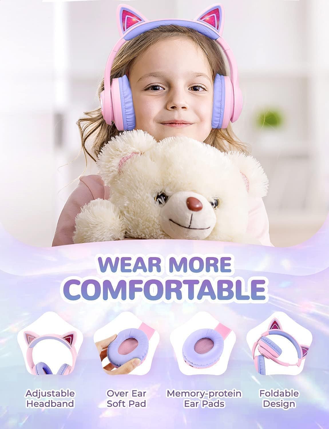 iClever Cat Ear Kids Bluetooth Headphones, LED Lights Up, 74/85dBA Safe Volume Limited, 50H Playtime,Bluetooth 5.2, USB C,Kids Headphones Wireless Over Ear for Travel iPad Tablet, Meow Macaron-Purple