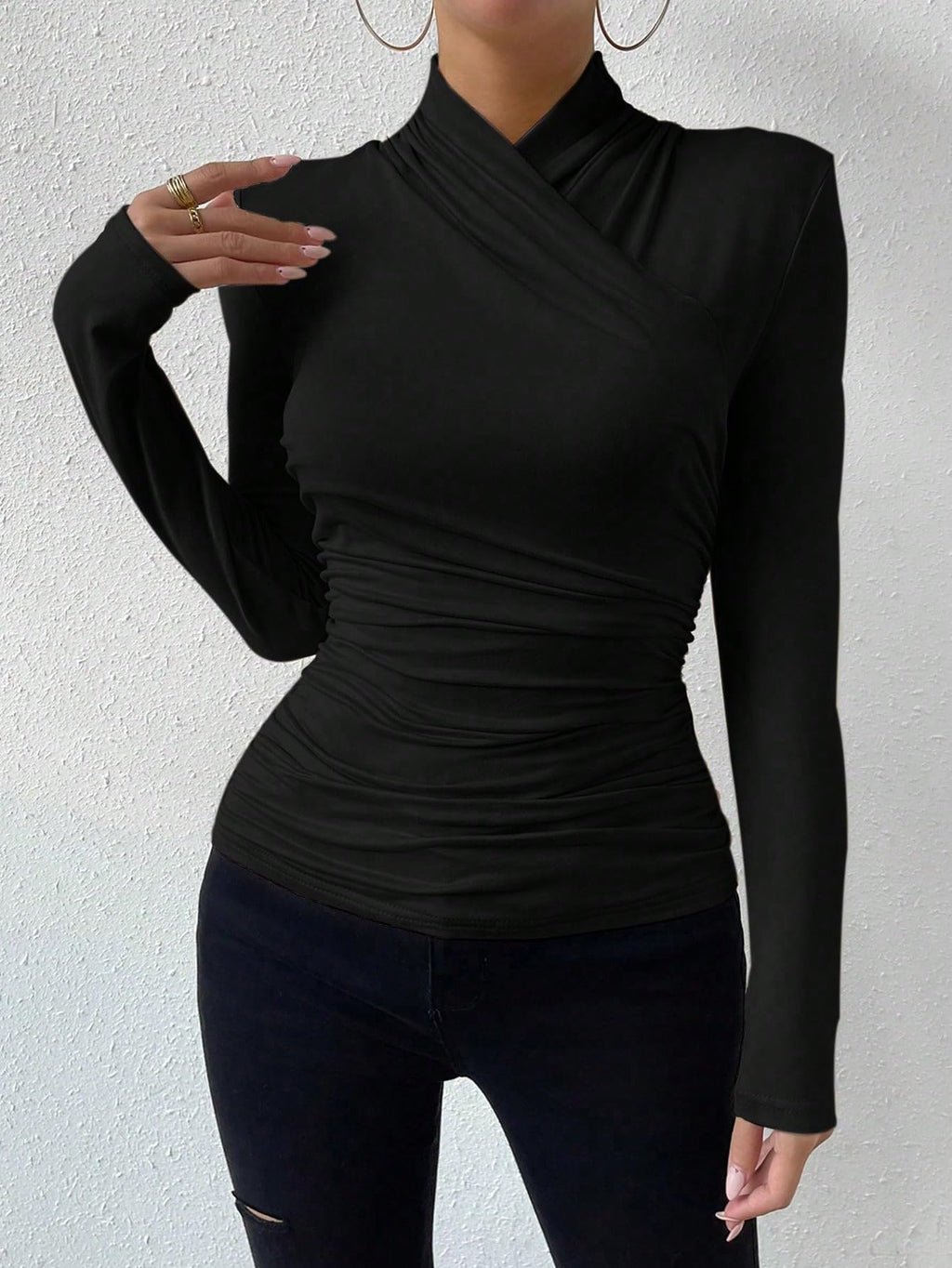 SweatyRocks Women's Ruched Mock Neck Long Sleeve T Shirt Solid Slim Fitted Tee Tops