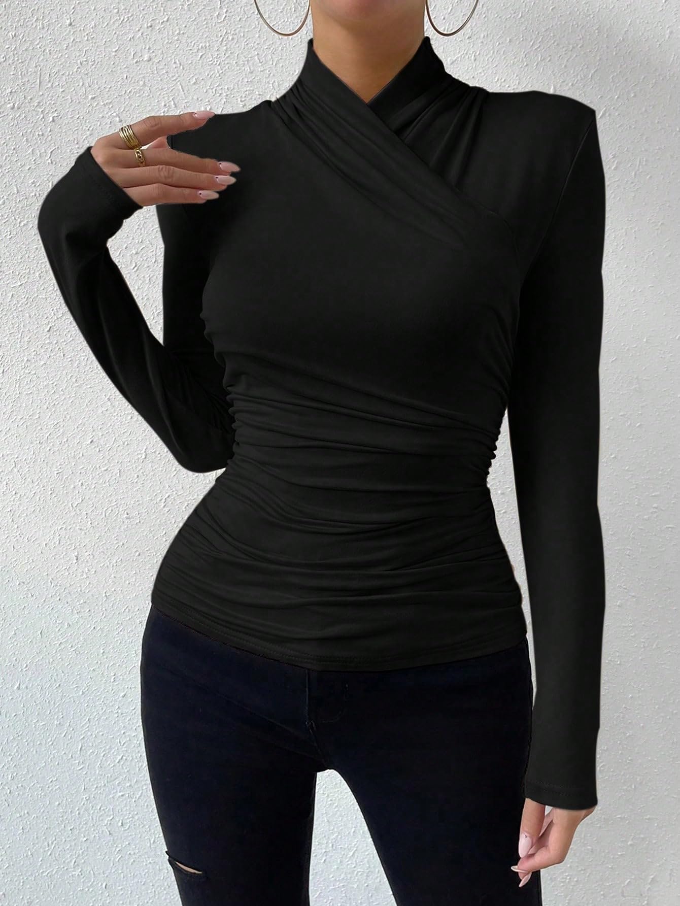 SweatyRocks Women's Ruched Mock Neck Long Sleeve T Shirt Solid Slim Fitted Tee Tops