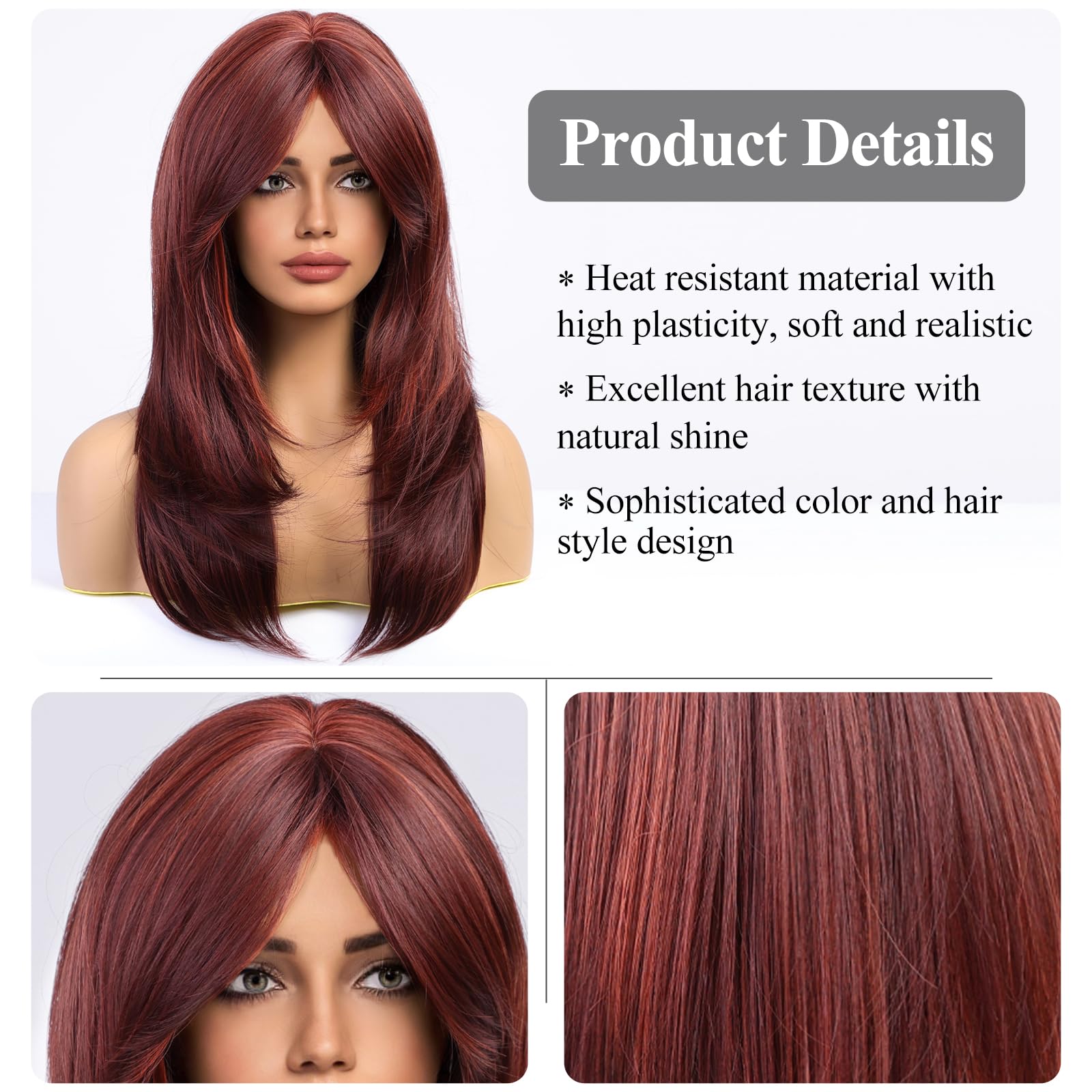 HAIRCUBE Auburn Wigs for Women,Long Layered Orange Wigs with Bangs Heat Resistant Synthetic Fibre Wigs(pelucas de cabello natural)