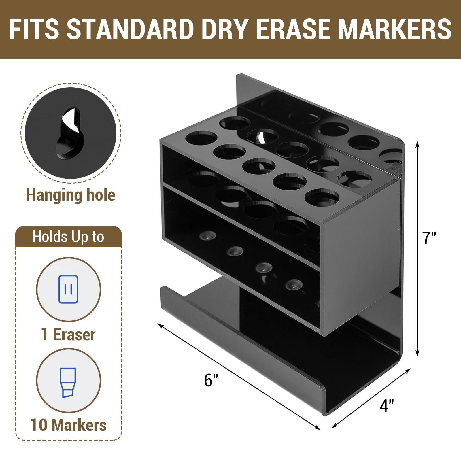 MyGift Dry Erase Marker Holder 10 Slots Whiteboard Marker Holder for Wall Dry Erase Eraser Holder Wall Mount Black