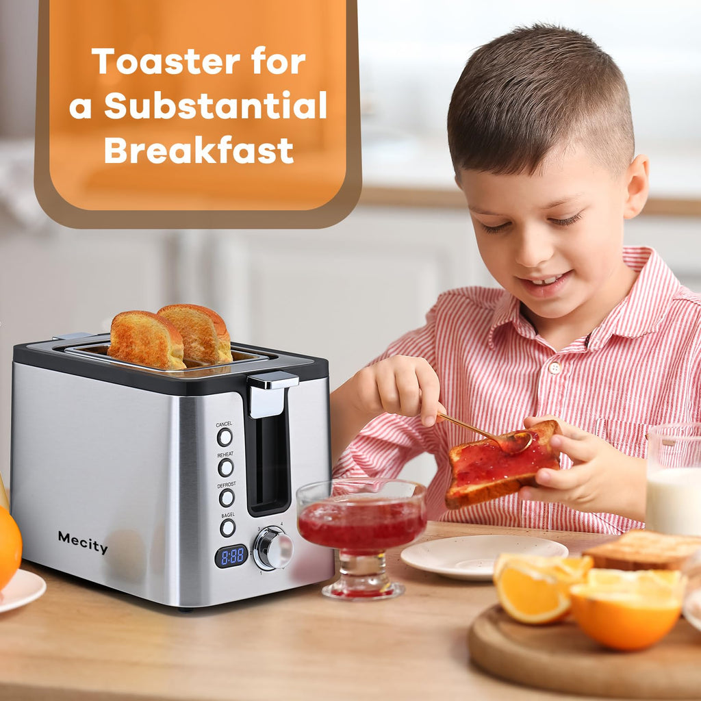 Mecity 4 Slice Toaster, Long Slot Toaster With Warming Rack, Timer, Bagel, Defrost, Reheat Functions, Crumb Tray, 6 Browning Settings, Extra Wide Long Slots, Stainless Steel, 1300W, Grey