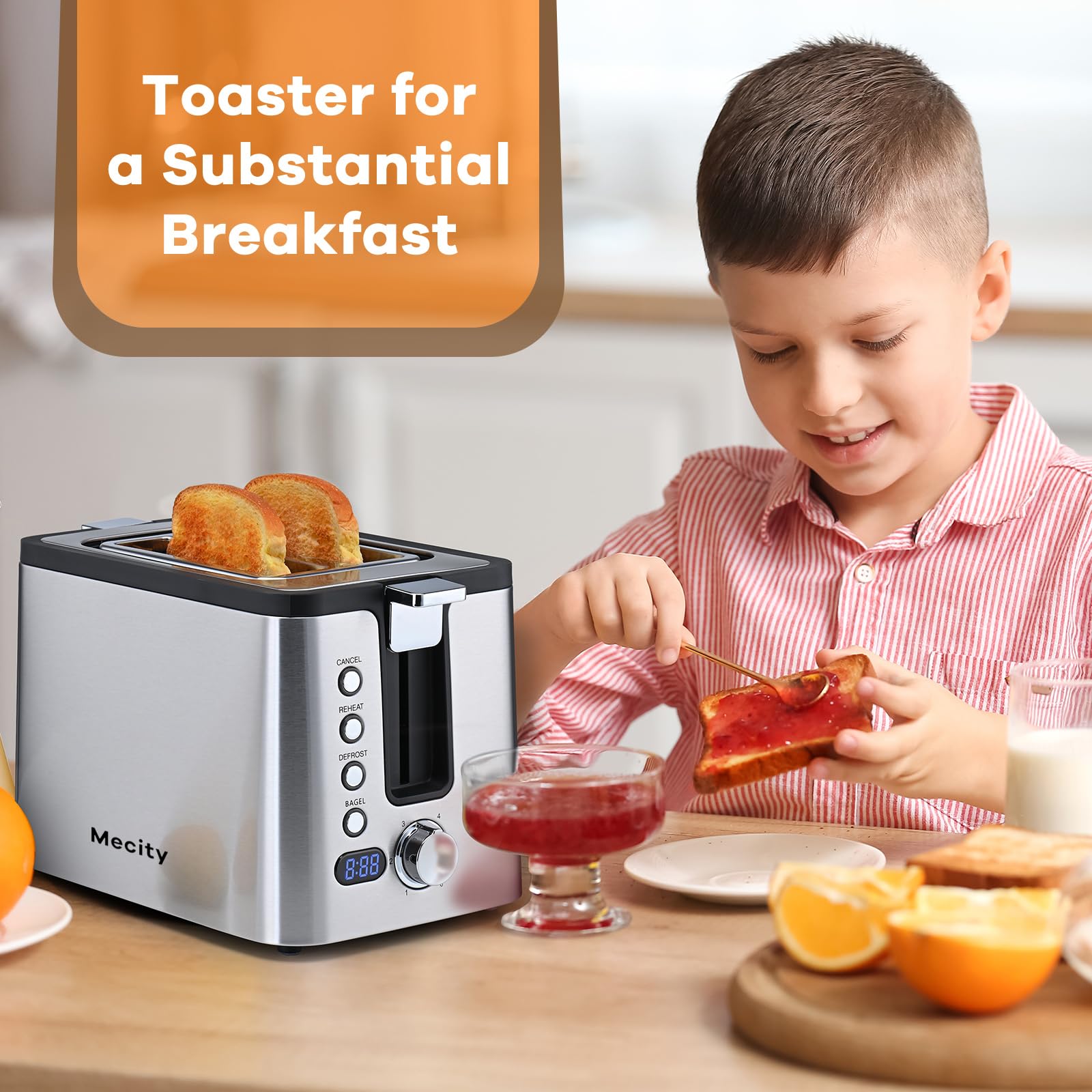 Mecity 4 Slice Toaster, Long Slot Toaster With Warming Rack, Timer, Bagel, Defrost, Reheat Functions, Crumb Tray, 6 Browning Settings, Extra Wide Long Slots, Stainless Steel, 1300W, Grey