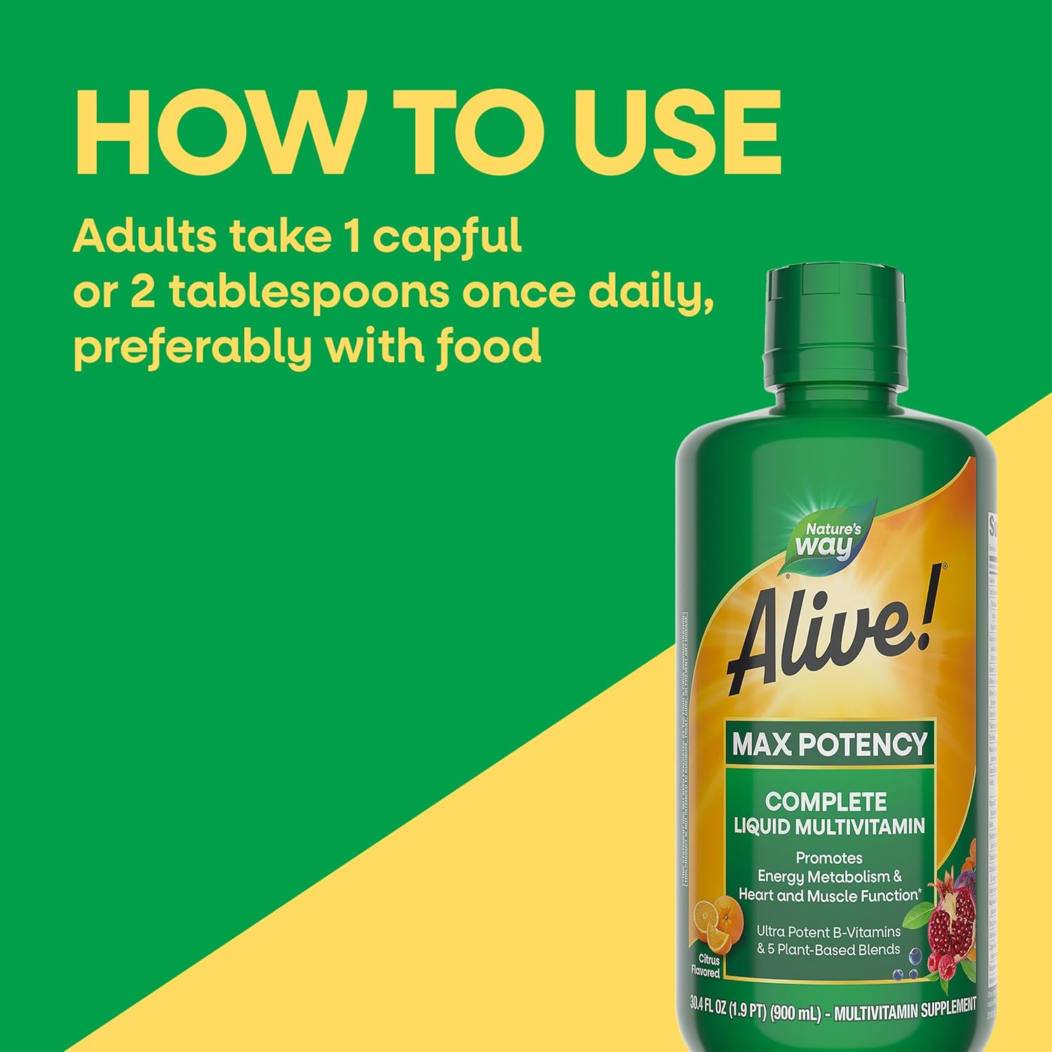 Nature's Way Alive! Max Potency Complete Liquid Multivitamin, Liquid Vitamin Promotes Energy Metabolism, Heart & Muscle Function* with Vitamins A, B, C, D, Multivitamins for Women & Men, 30.4 Fl Oz