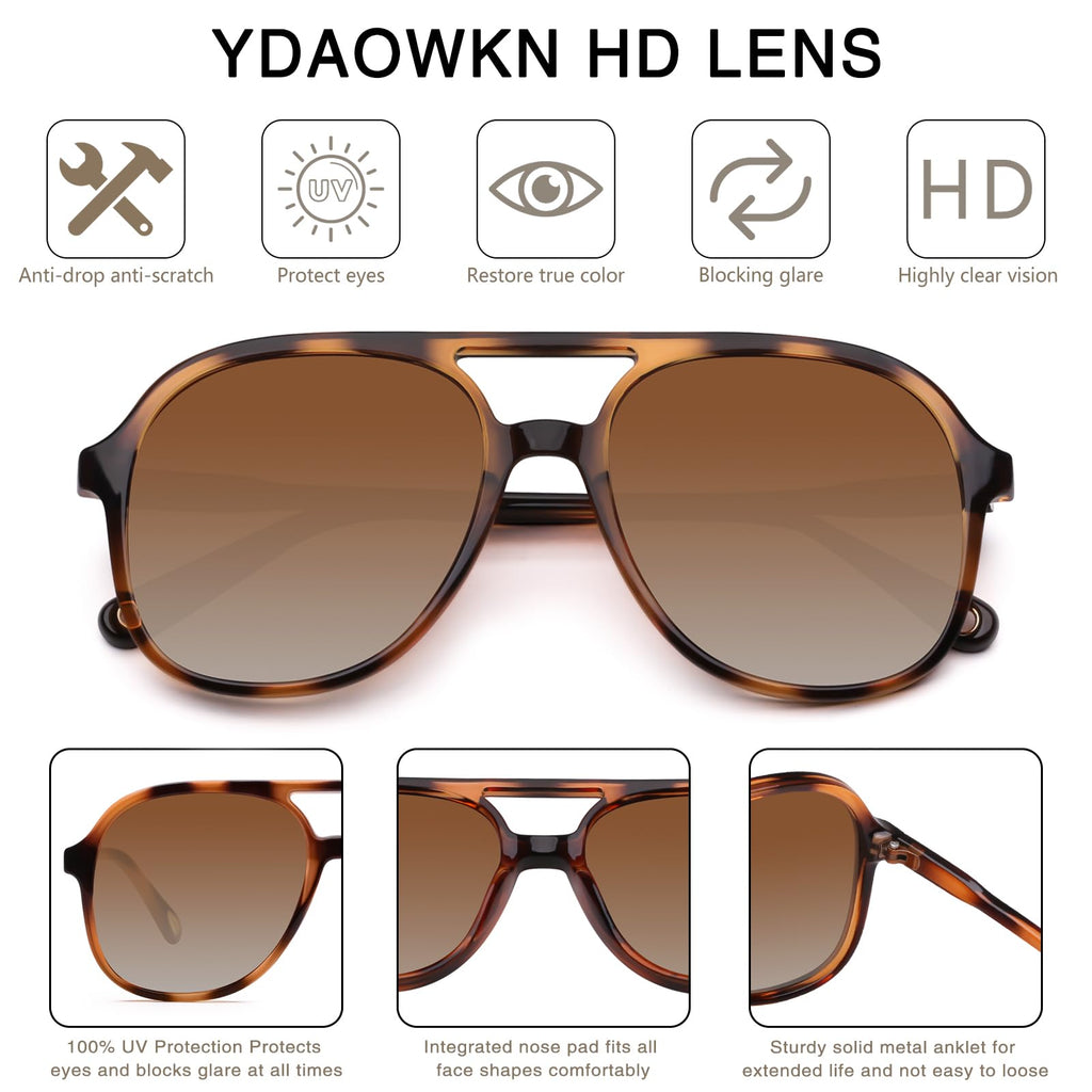 YDAOWKN Retro Square Aviator Sunglasses for Womens Mens Vintage 70s Double Bridge Sun Glasses
