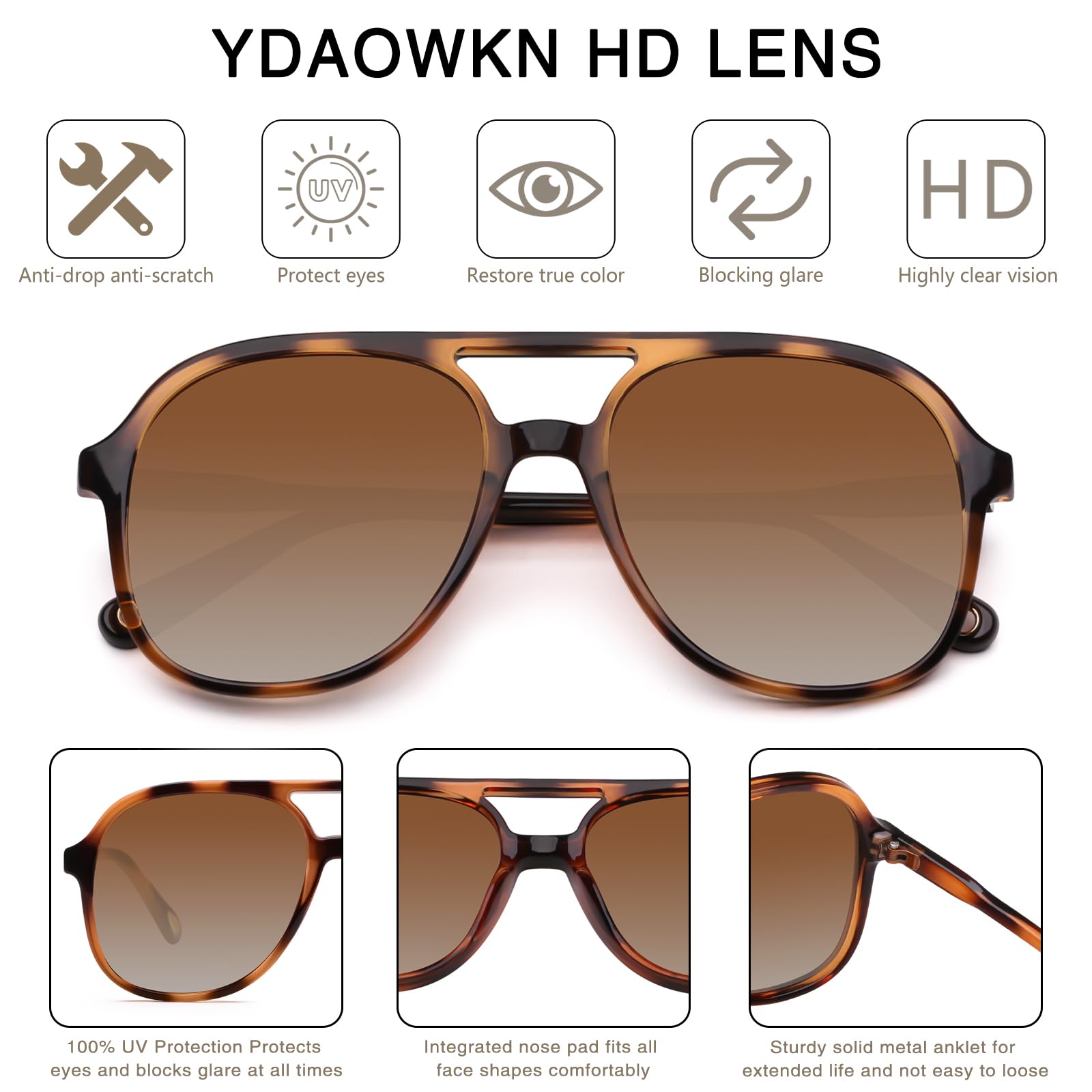 YDAOWKN Retro Square Aviator Sunglasses for Womens Mens Vintage 70s Double Bridge Sun Glasses