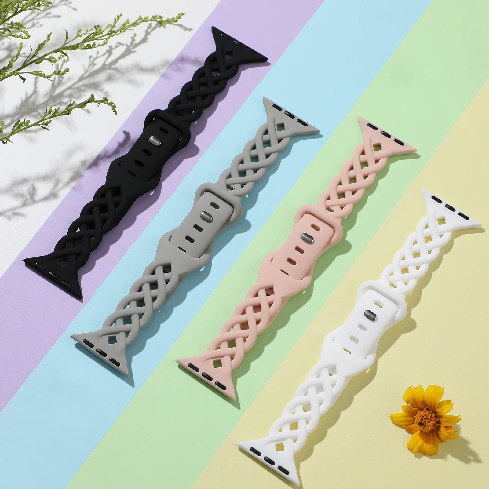 Slim Silicone Bands Compatible with Apple Watch Band 40mm 38mm 41mm 44mm 45mm 46mm 49mm 42mm Women Floral Breathable Braided Lace Thin Sport Strap Replacement Wristbands iWatch SE Series 11 10 9 8 7 6 5 4 3 ultra 2